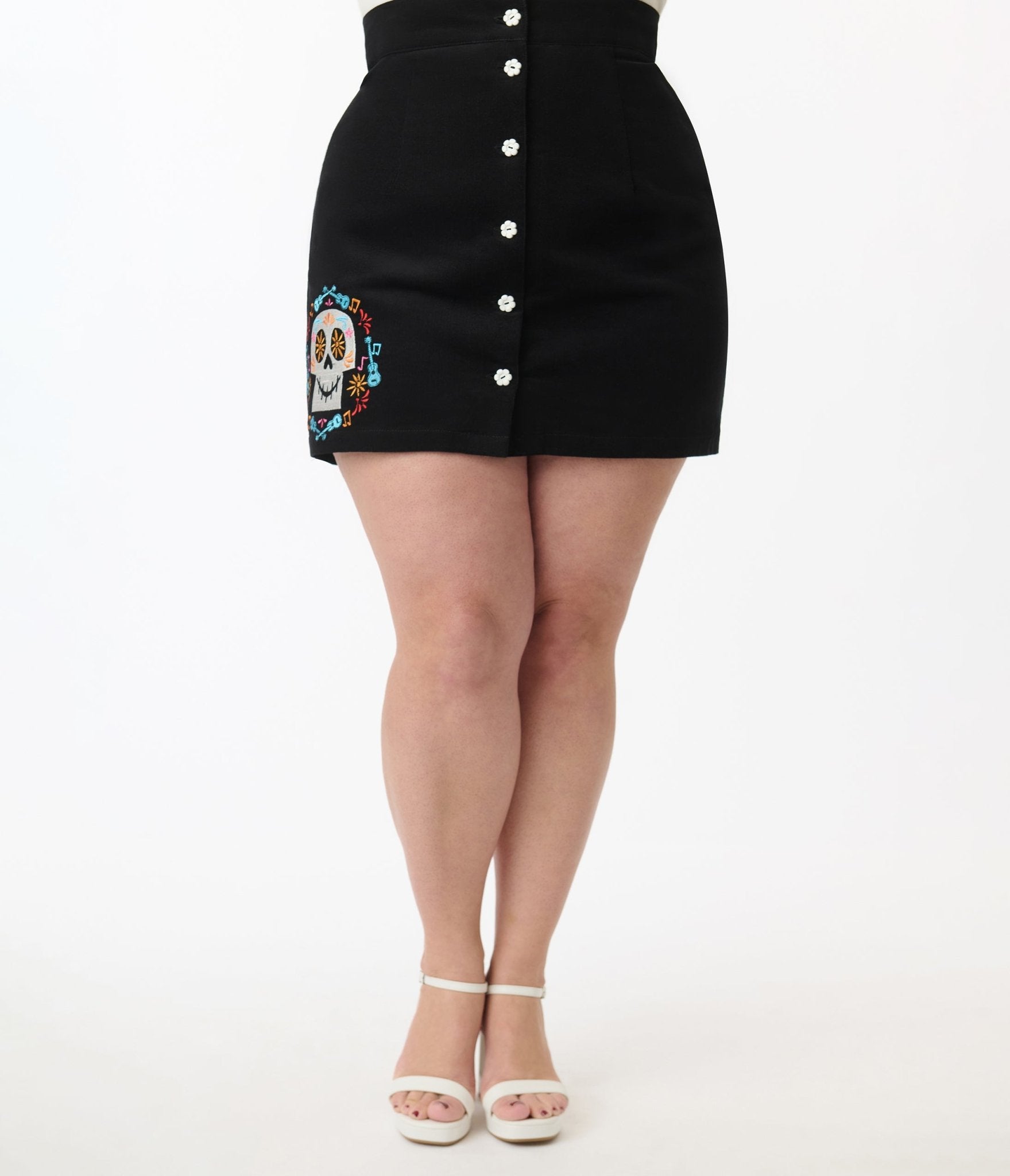 Disney Pixar Coco Collection by Smak Parlour Plus Black Day of the Dead Skull Mini Skirt - Unique Vintage - Womens, SKIRTS