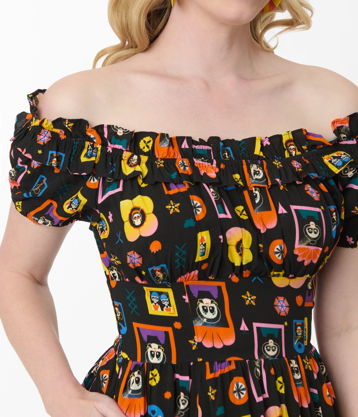 Disney Pixar Coco Collection by Unique Vintage Black Day of the Dead Print Ruffle Swing Dress - Unique Vintage - Womens, DRESSES, SWING