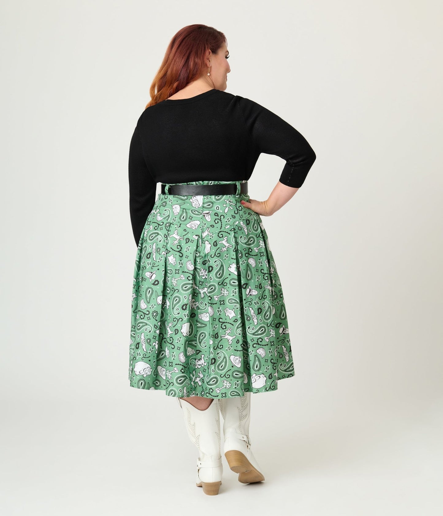 Disney Pixar Toy Story Collection by Unique Vintage Plus Size Sage Green Woody & Jessie Bandana Print Midi Skirt - Womens