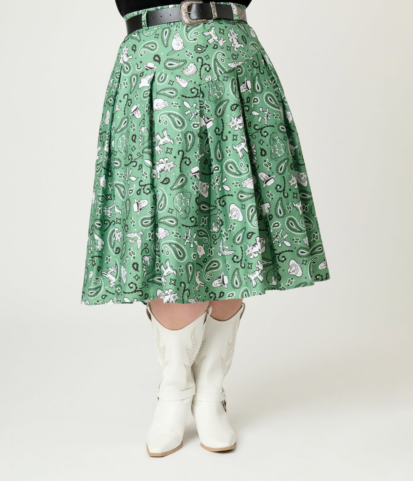Disney Pixar Toy Story Collection by Unique Vintage Plus Size Sage Green Woody & Jessie Bandana Print Midi Skirt - Womens