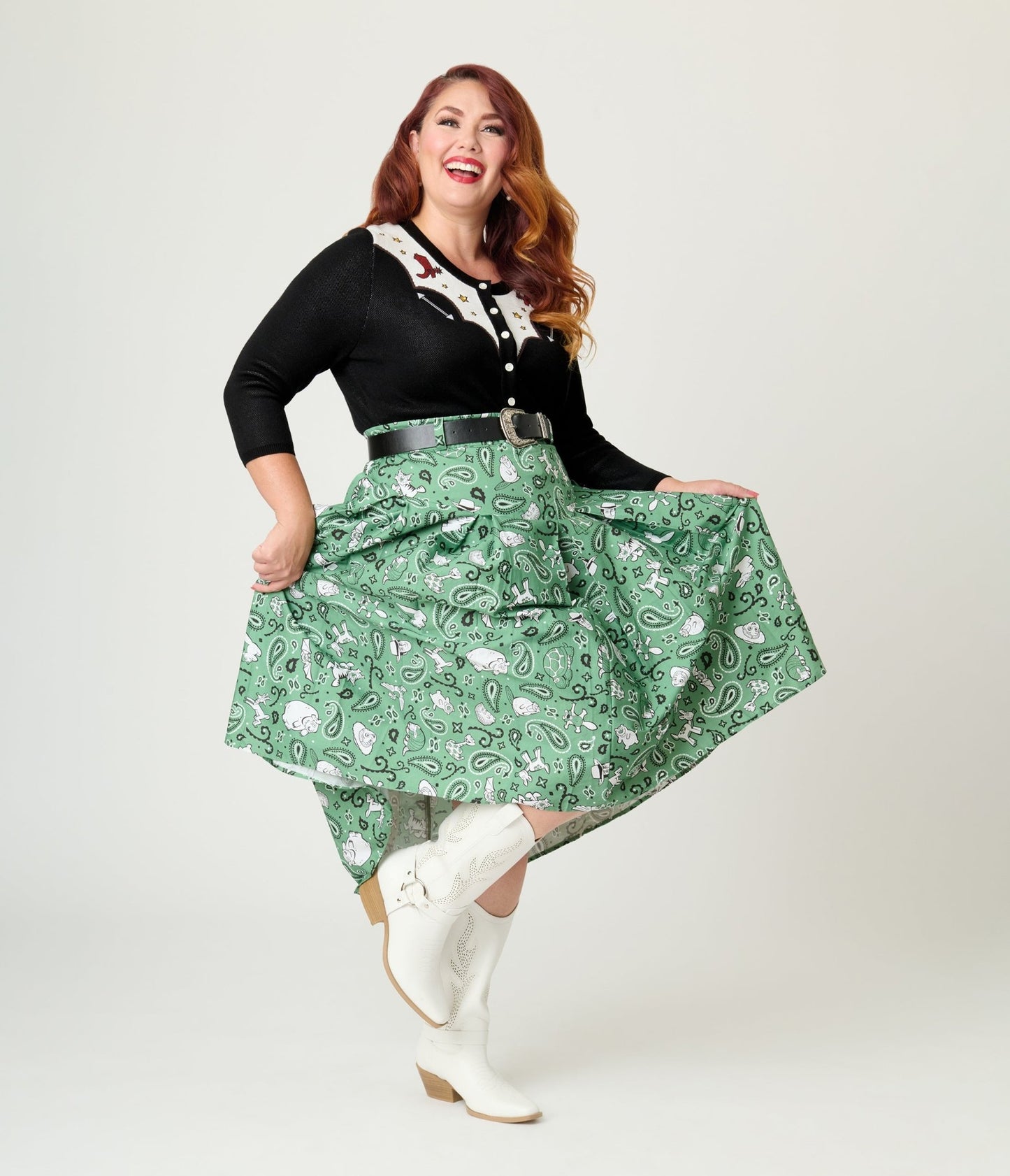Disney Pixar Toy Story Collection by Unique Vintage Plus Size Sage Green Woody & Jessie Bandana Print Midi Skirt - Womens