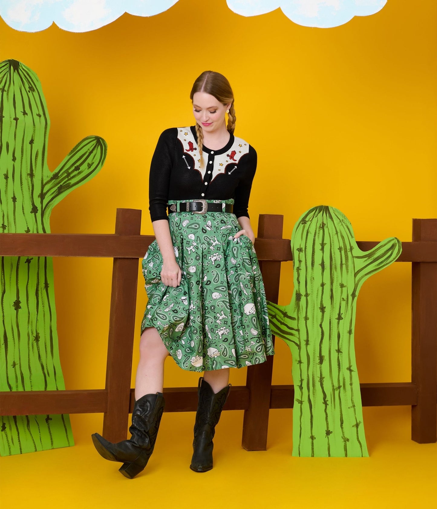 Disney Pixar Toy Story Collection by Unique Vintage Sage Green Woody & Jessie Bandana Print Midi Skirt - Womens, BOTTOMS, SKIRTS