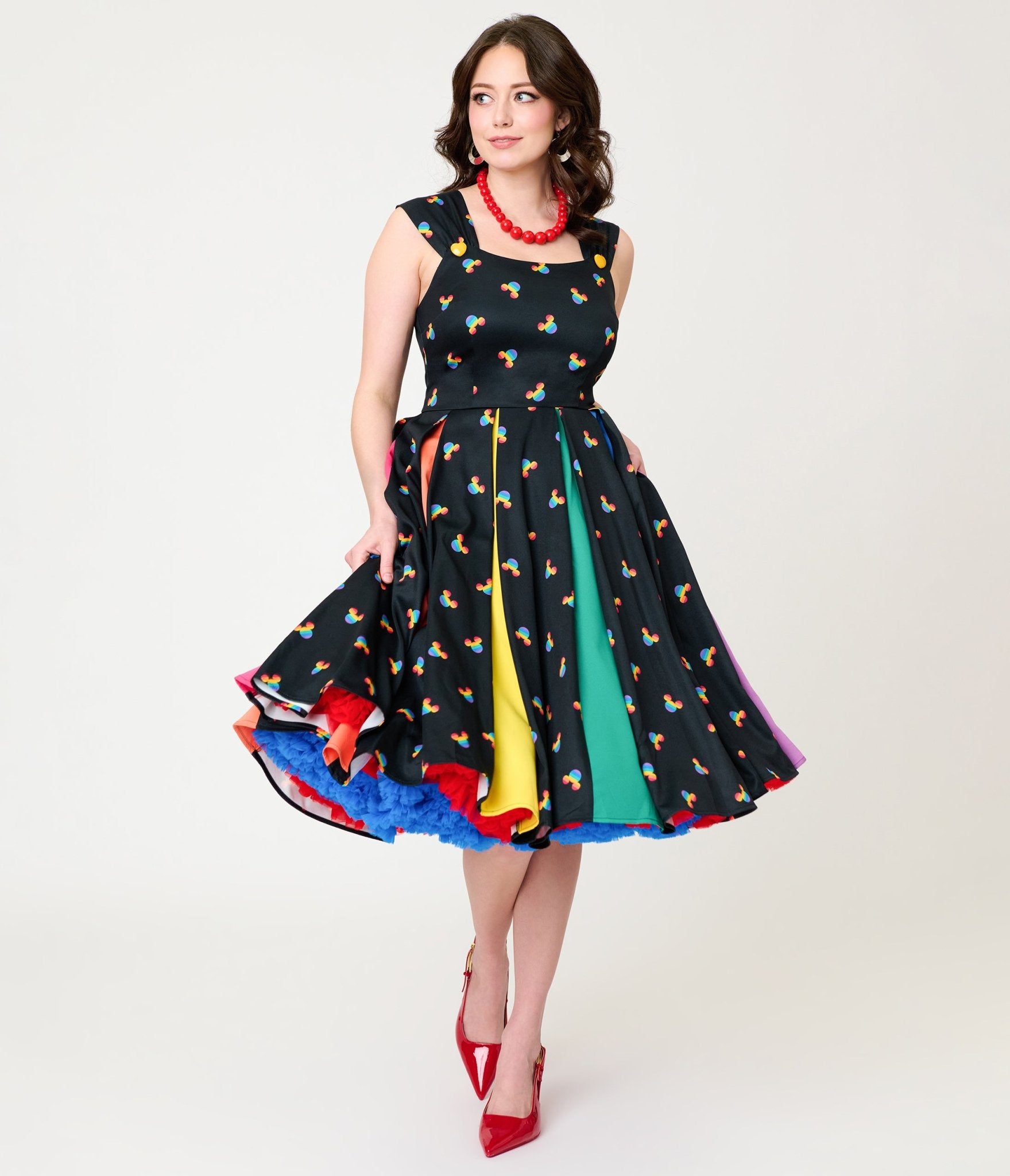 Unique Vintage Women's Swing Dress Black & Rainbow Stripe M/8-10