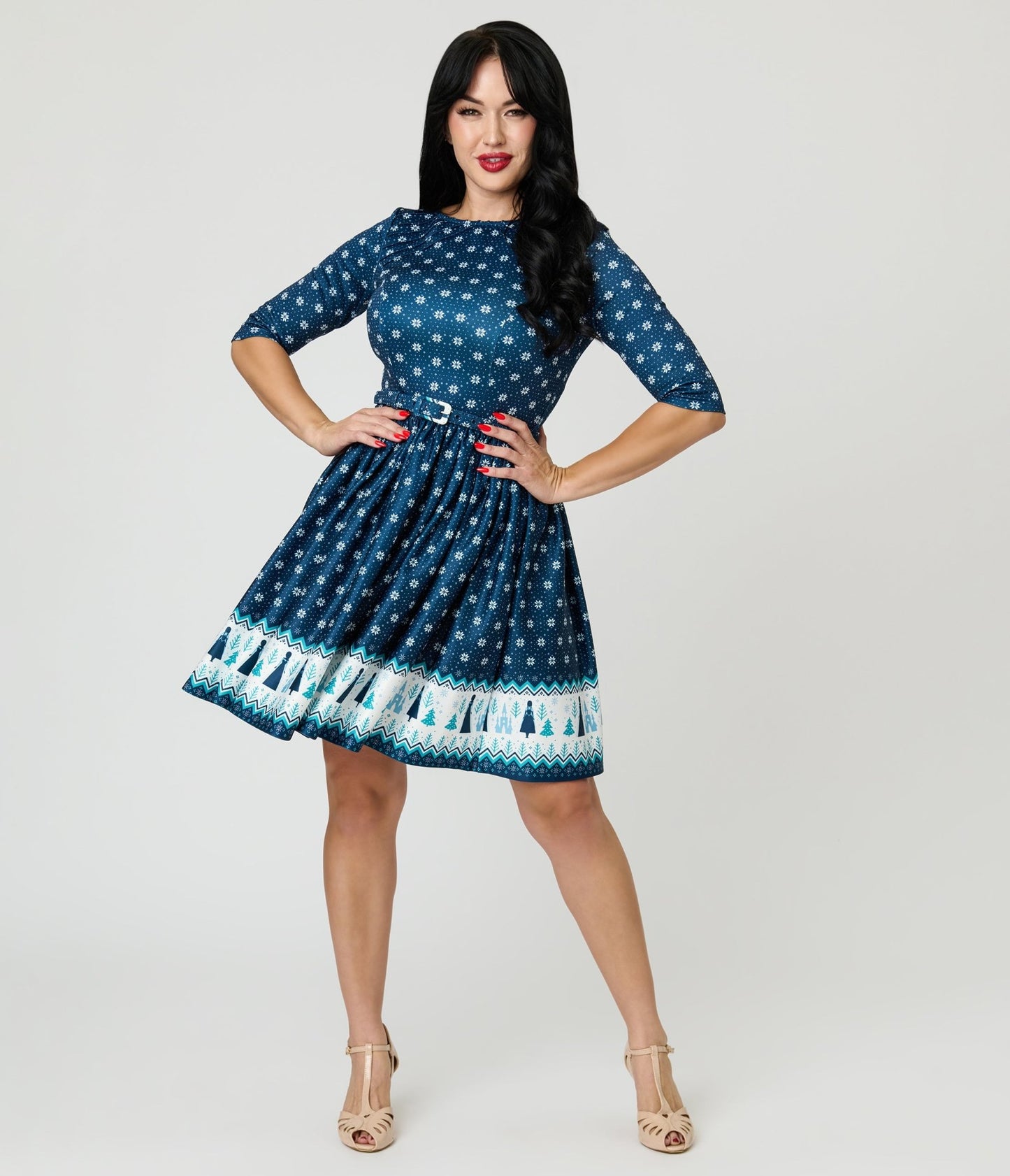 Disney's Frozen Collection by Unique Vintage Fair Isle Border Print Stephanie Flare Dress - Unique Vintage - Womens, DRESSES, FIT AND FLARE