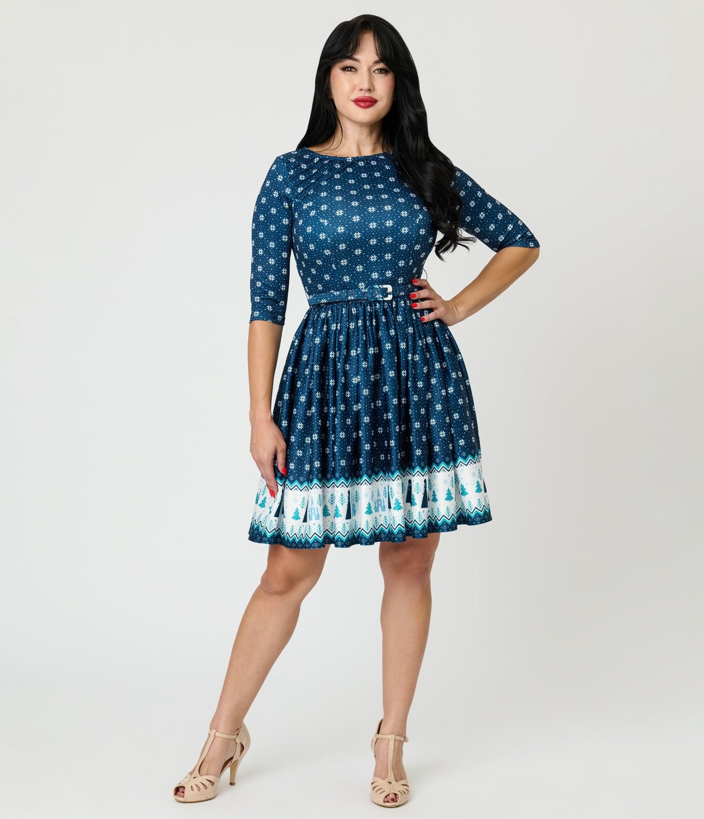 Disney's Frozen Collection by Unique Vintage Fair Isle Border Print Stephanie Flare Dress - Unique Vintage - Womens, DRESSES, FIT AND FLARE