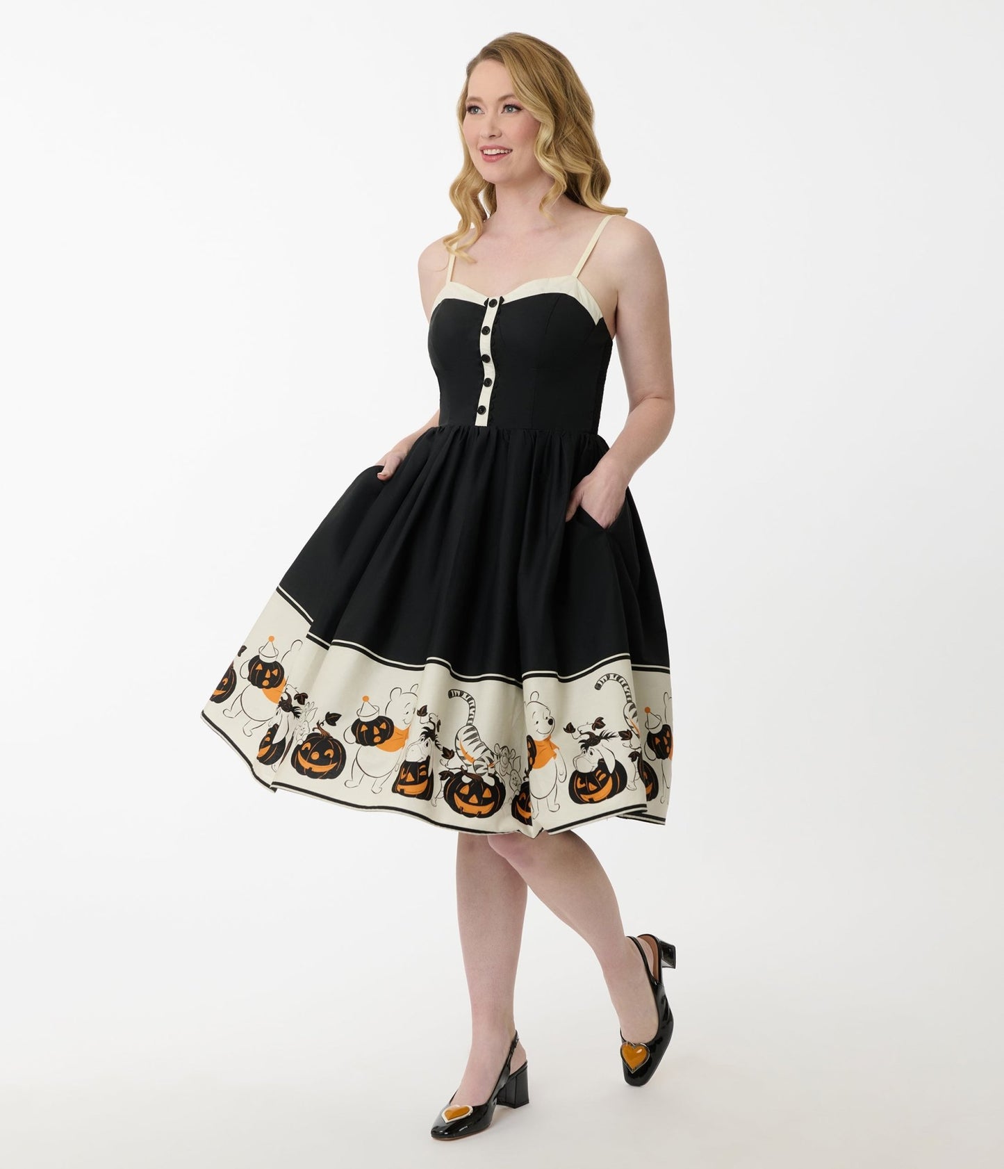 Disney's Winnie The Pooh Collection by Unique Vintage Pooh & Tigger Halloween Pumpkin Print Cotton Swing Dress - Unique Vintage - Womens, DRESSES, SWING