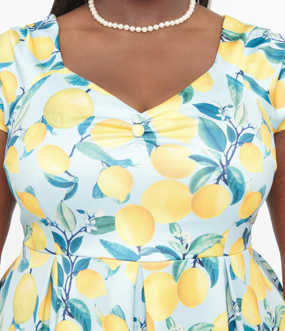 Dolly & Dotty 1950s Blue & Yellow Lemon Off The Shoulder Lily Swing Dress - Unique Vintage - Womens, DRESSES, SWING