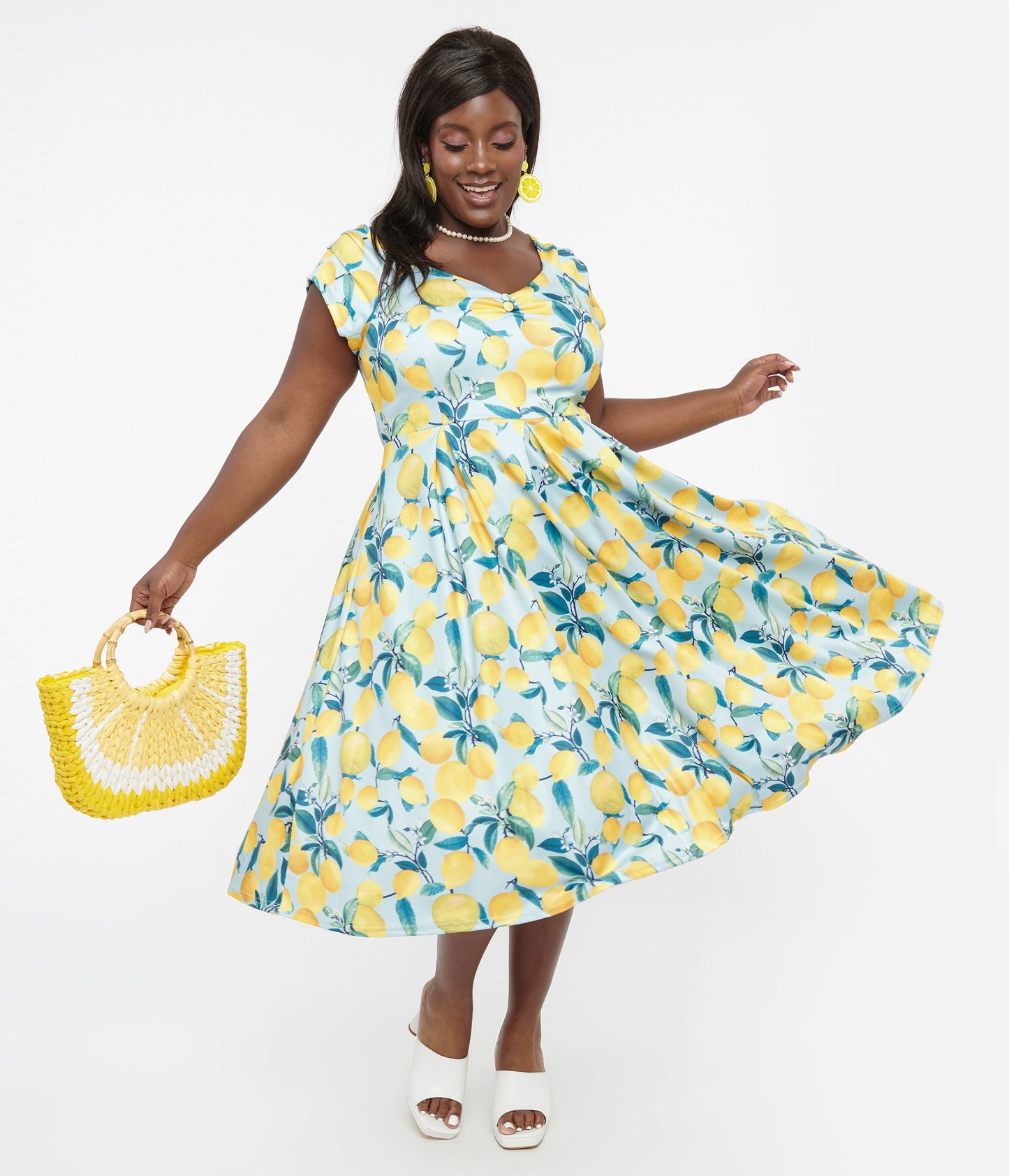 Dolly & Dotty 1950s Blue & Yellow Lemon Off The Shoulder Lily Swing Dress - Unique Vintage - Womens, DRESSES, SWING