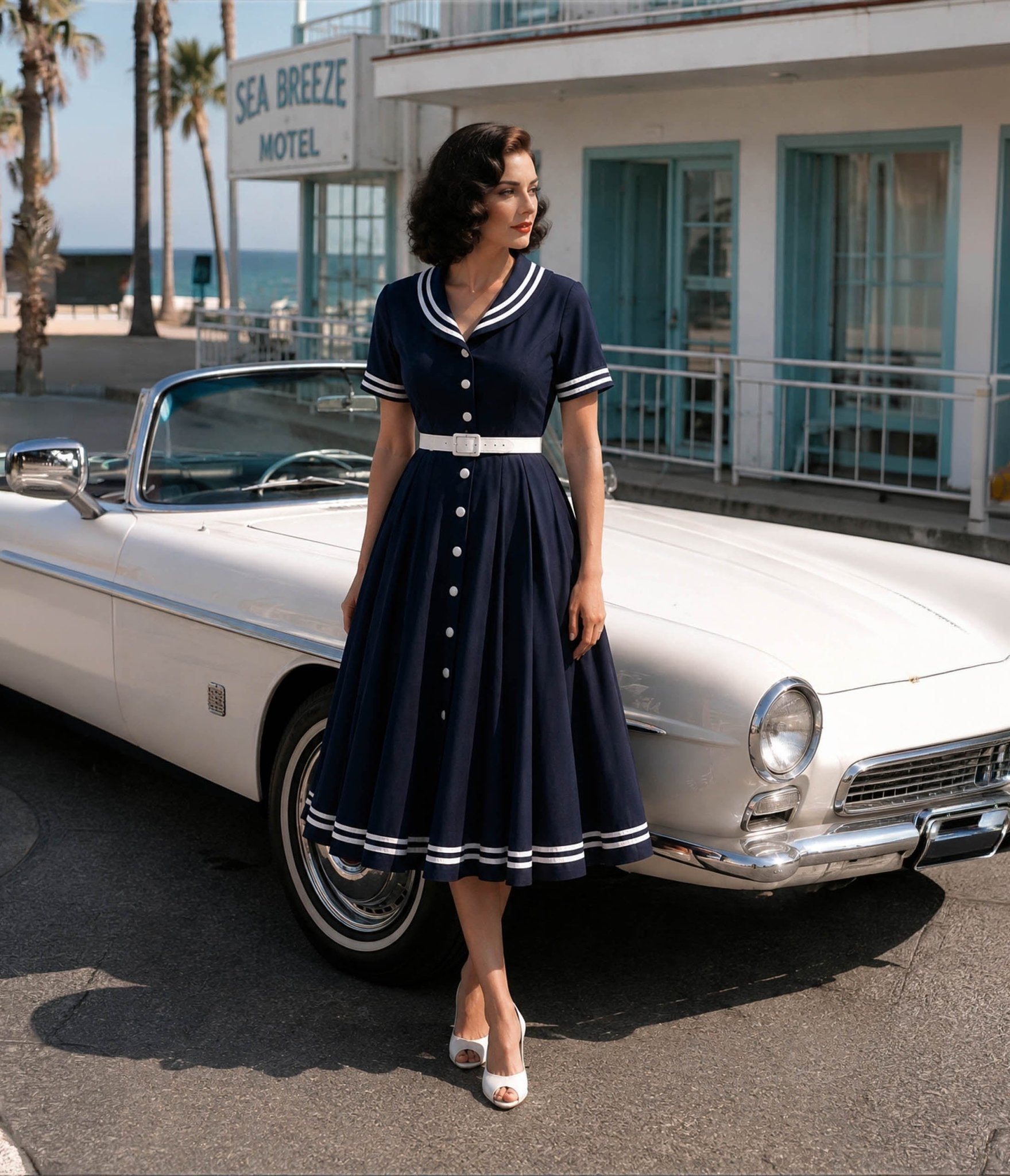 true vintage dresses Mollie Nautical Full Circle Shirt Dress / 12 Rose Gold And White SIZE:17/17.5 36/37 This piece is in global-print-Polka Dot Navy