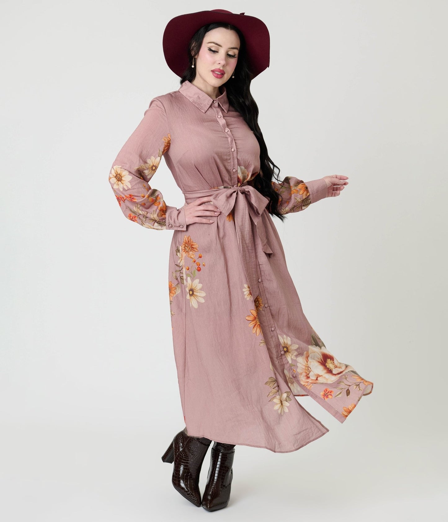 Dusty Rose Floral Maxi Dress - Unique Vintage - Womens, DRESSES, MIDI