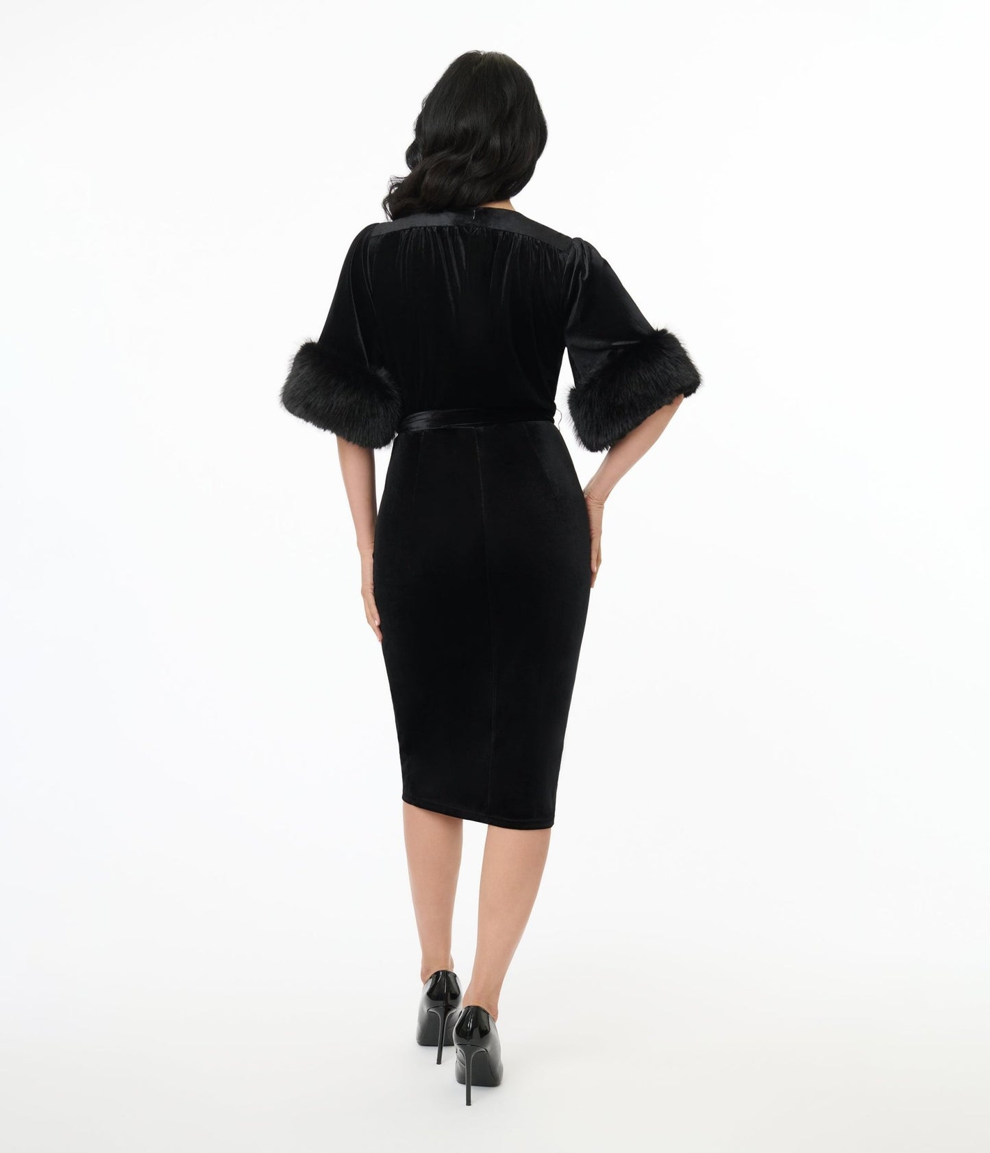 Elle Rebel 1940s Black Velvet Fifth Avenue Wrap Pencil Dress - Unique Vintage - Womens, DRESSES, WIGGLE