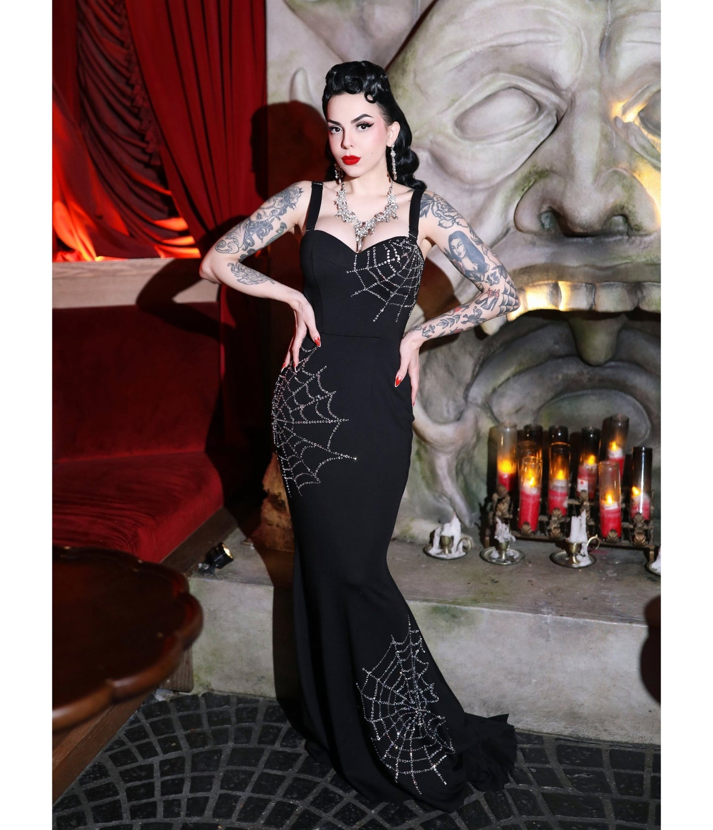 Elle Rebel Black Spiderweb Glamour Ghoul Gown - Unique Vintage - Womens, DRESSES, MIDI