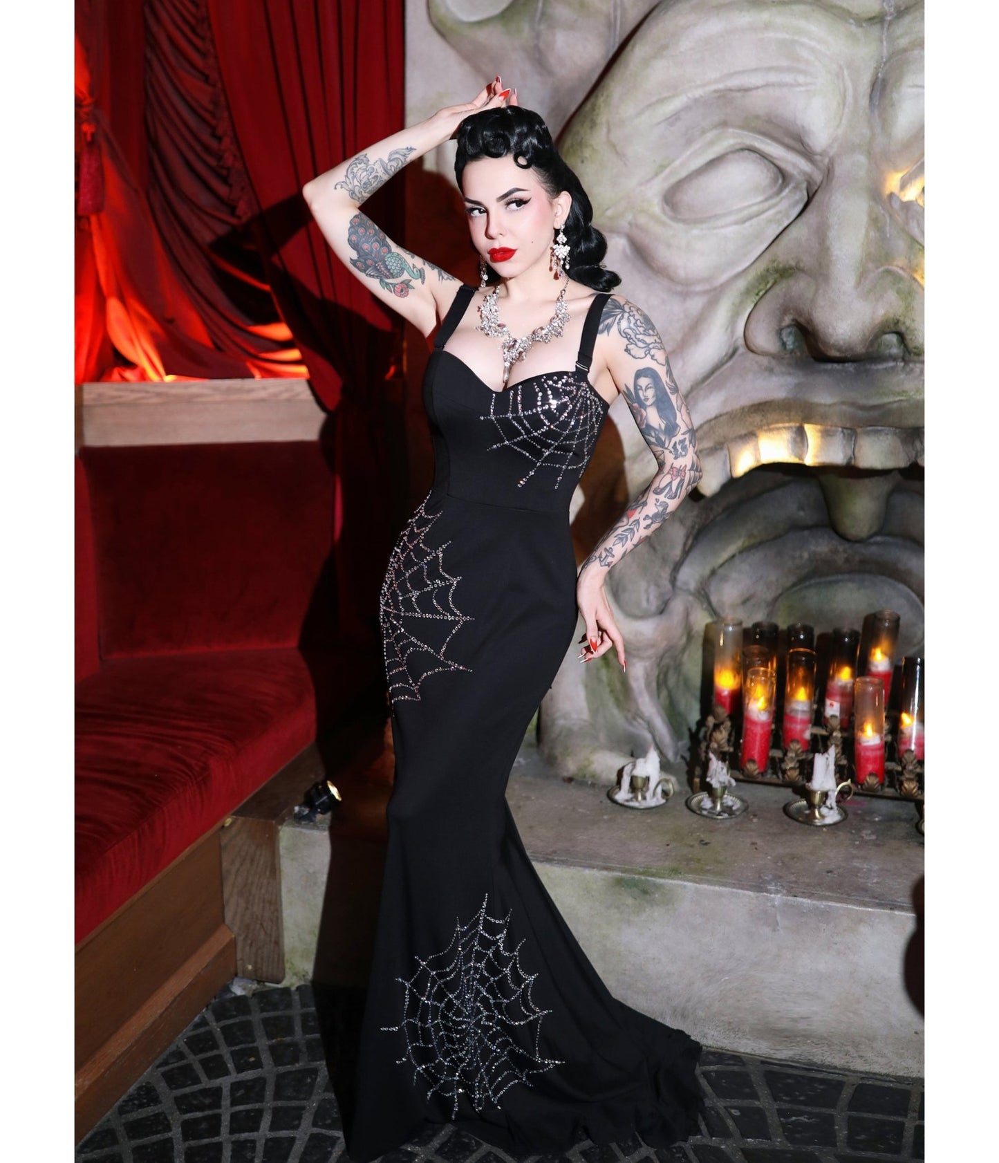 Elle Rebel Black Spiderweb Glamour Ghoul Gown - Unique Vintage - Womens, DRESSES, MIDI