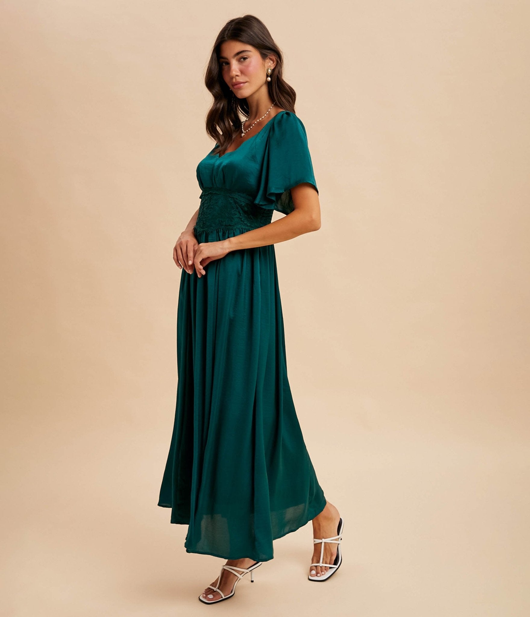 Emerald Flutter Sleeve Maxi Dress - Unique Vintage - Womens, DRESSES, MAXI