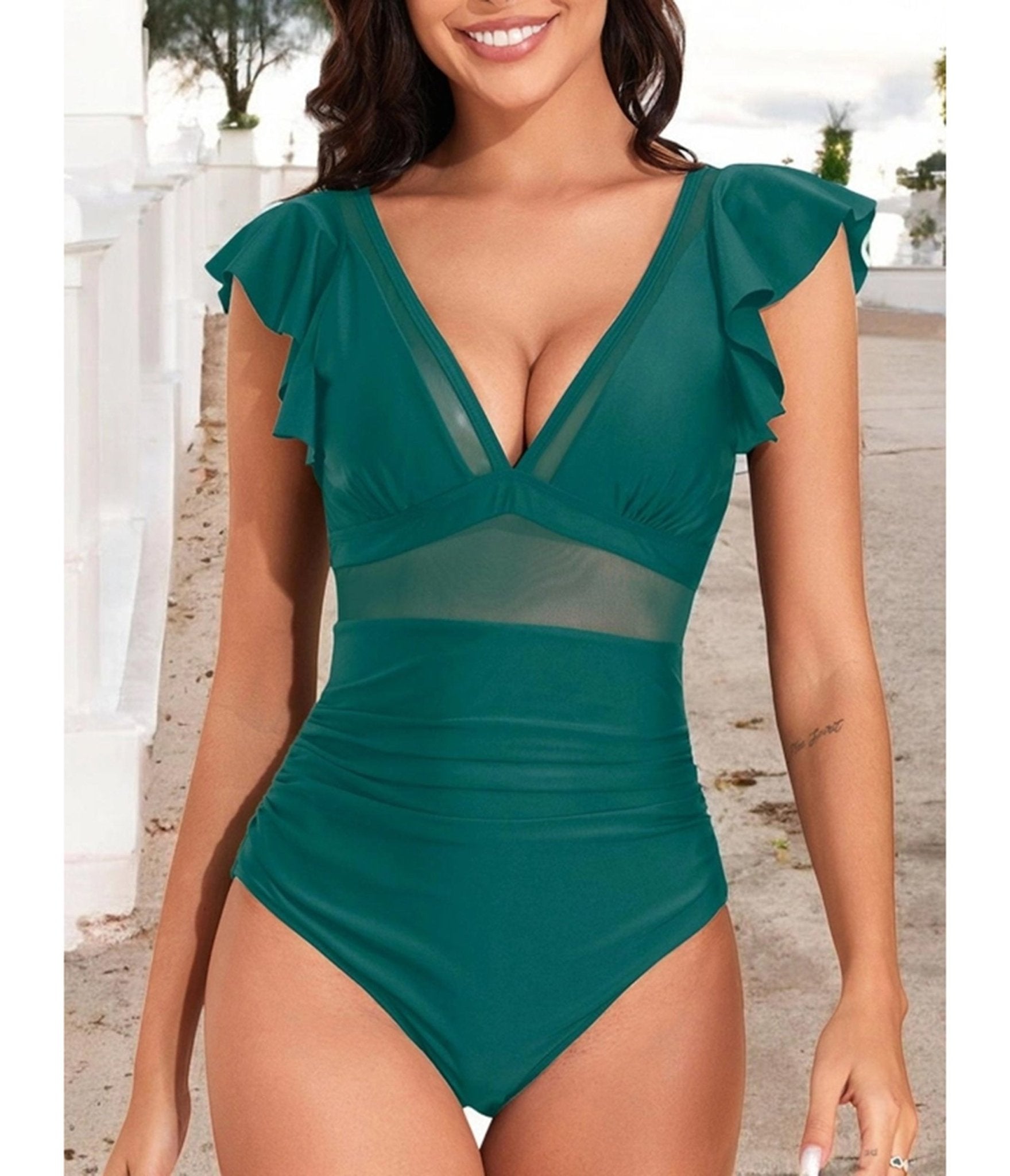 Emerald Green Ruffle Sleeve One Piece Swimsuit Unique Vintage Emerald Green Ruffle Sleeve One Piece Swimsuit Unique Vintage
