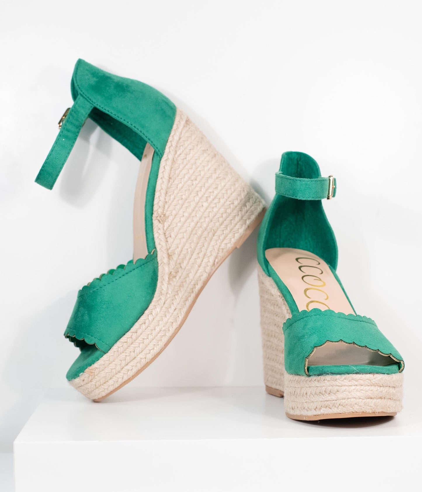 Emerald Suede Peep Toe Espadrille Wedges - Unique Vintage - Womens, SHOES, SANDALS