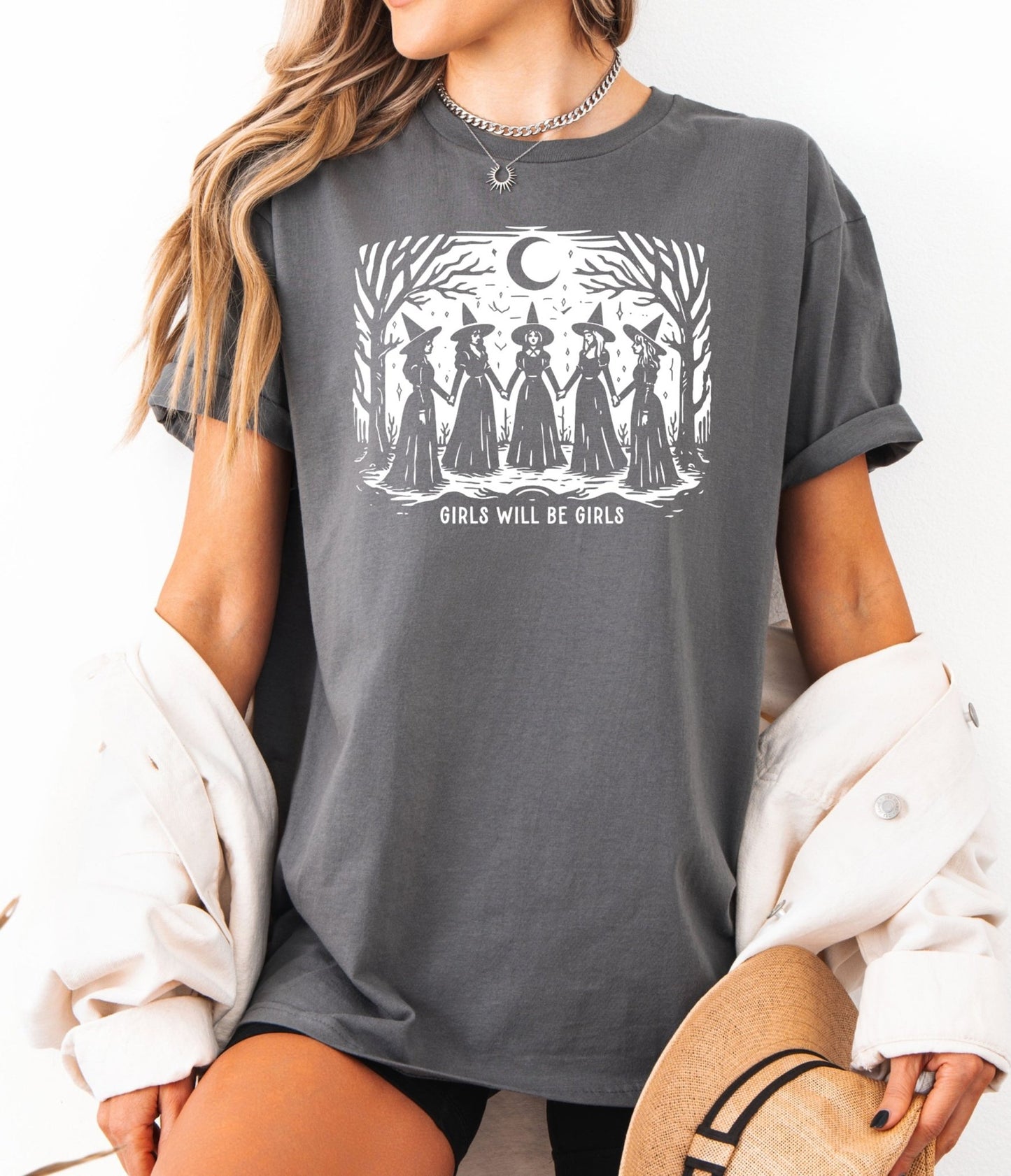 Girls Will Be Girls Witches Unisex Graphic Tee - Unique Vintage - Womens, GRAPHIC TEES, TEES