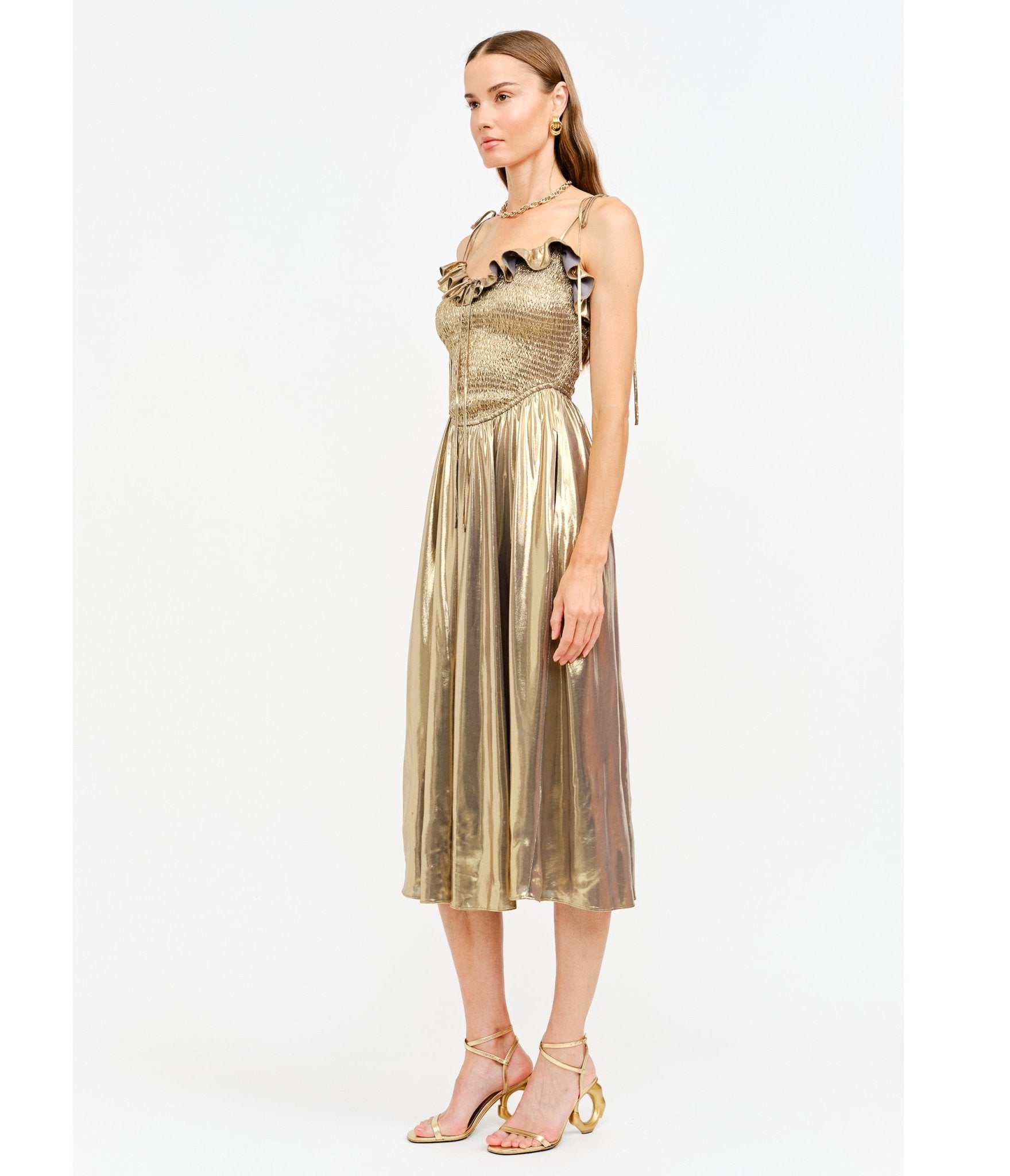 Gold Metallic Ruffle Cora Midi Dress - Unique Vintage - Womens, DRESSES, MIDI