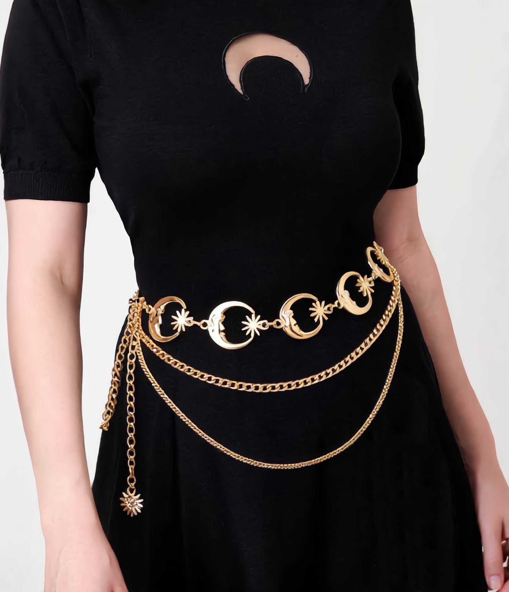 Gold Tone Celestial Moon & Star Layered Chain Belt