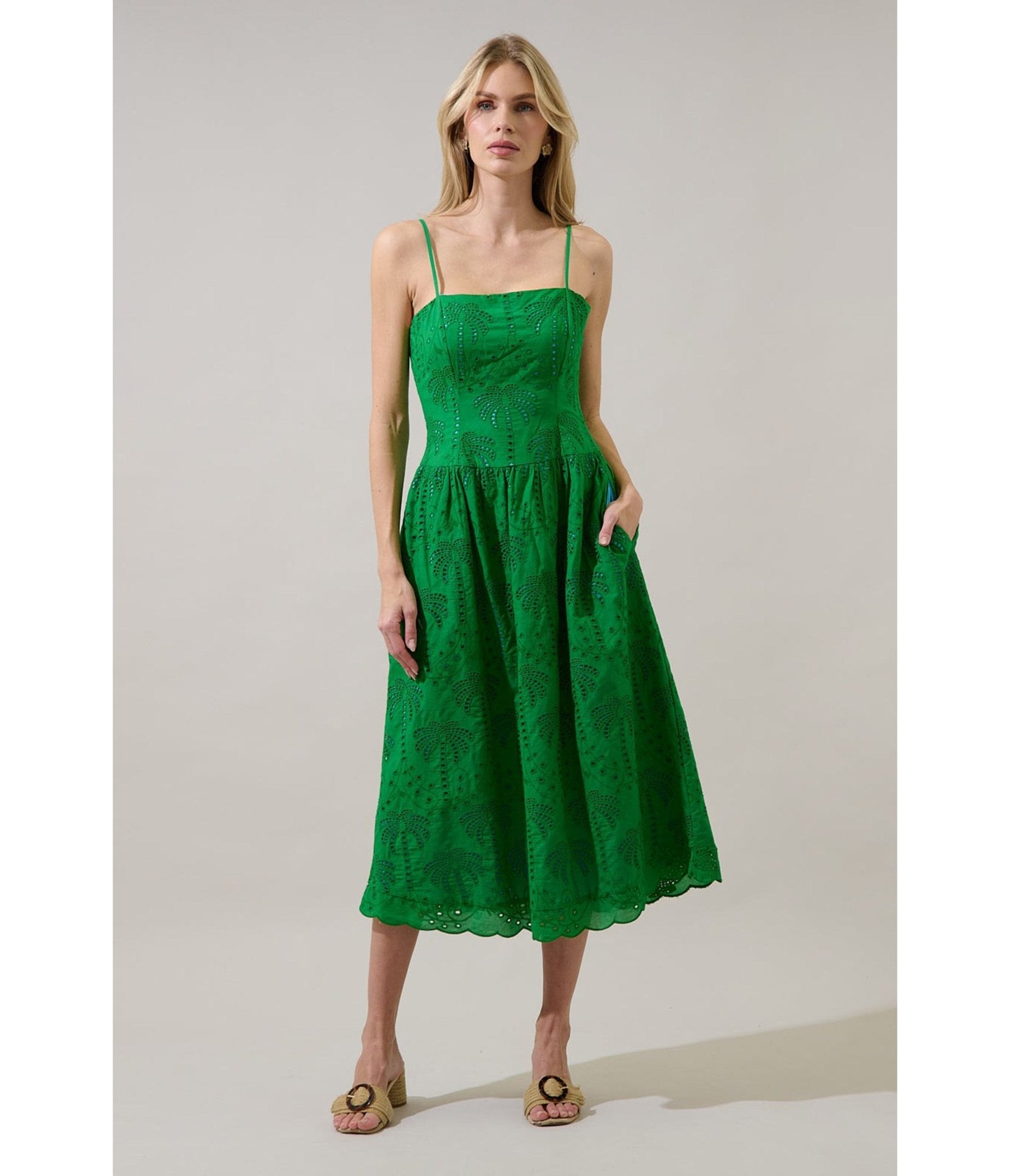 Selry Smocked Midi Dress Palms Eyelet GREEN / S by Sugarlips Selry Smocked Midi Dress Palms Eyelet GREEN / S by Sugarlips