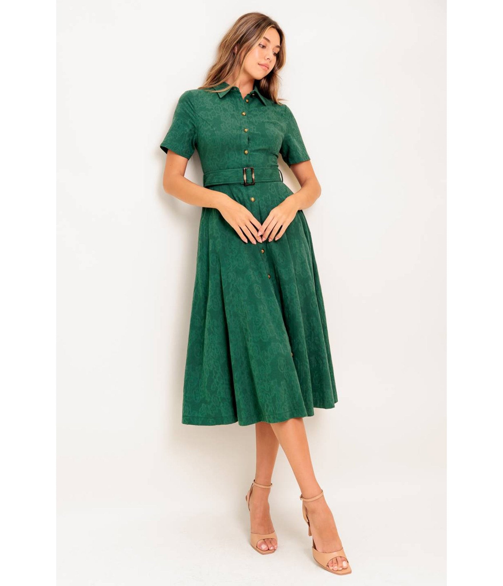Green Jacquard Cotton Midi Dress - Unique Vintage - Womens, DRESSES, MIDI