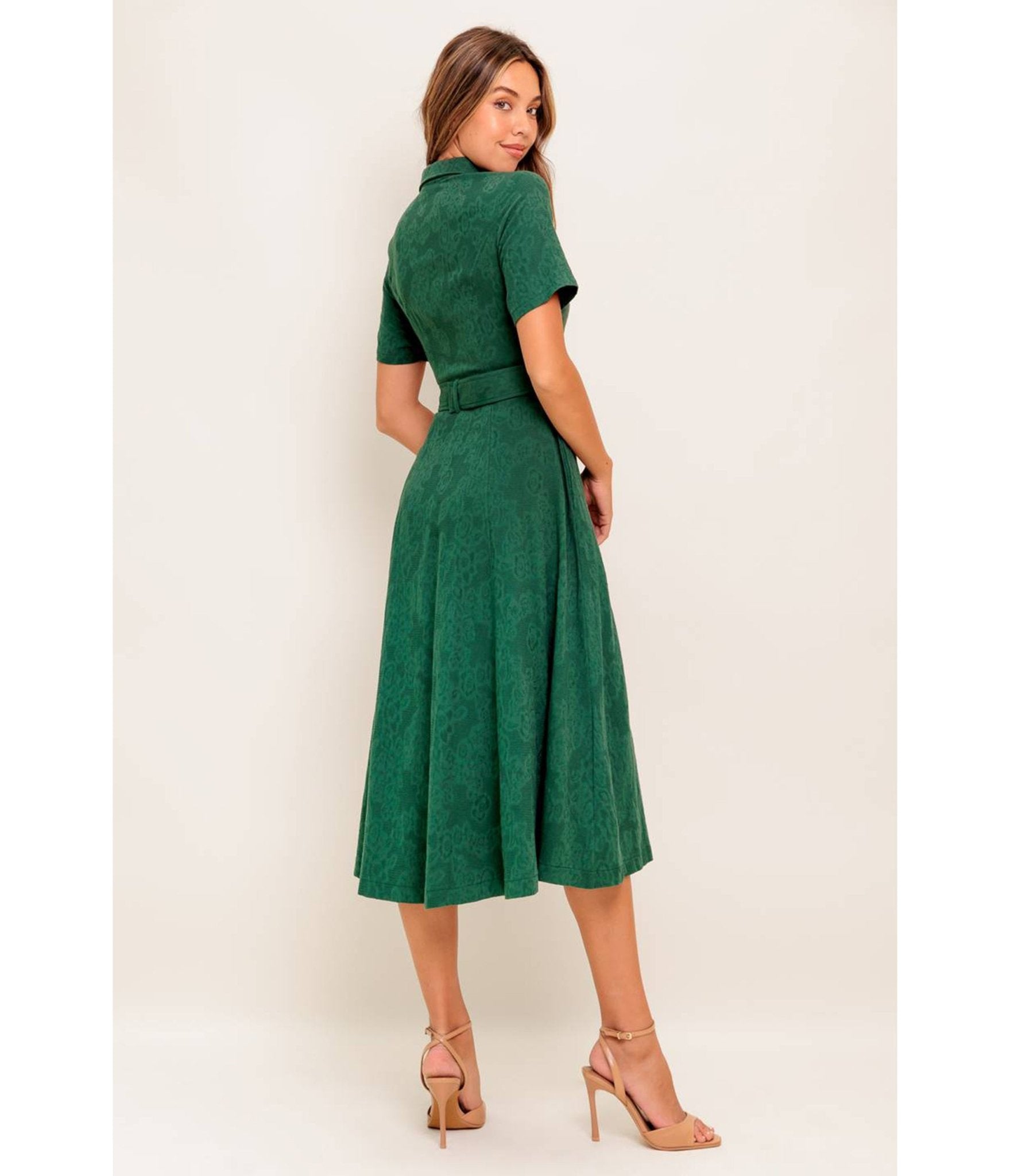 Green Jacquard Cotton Midi Dress - Unique Vintage - Womens, DRESSES, MIDI