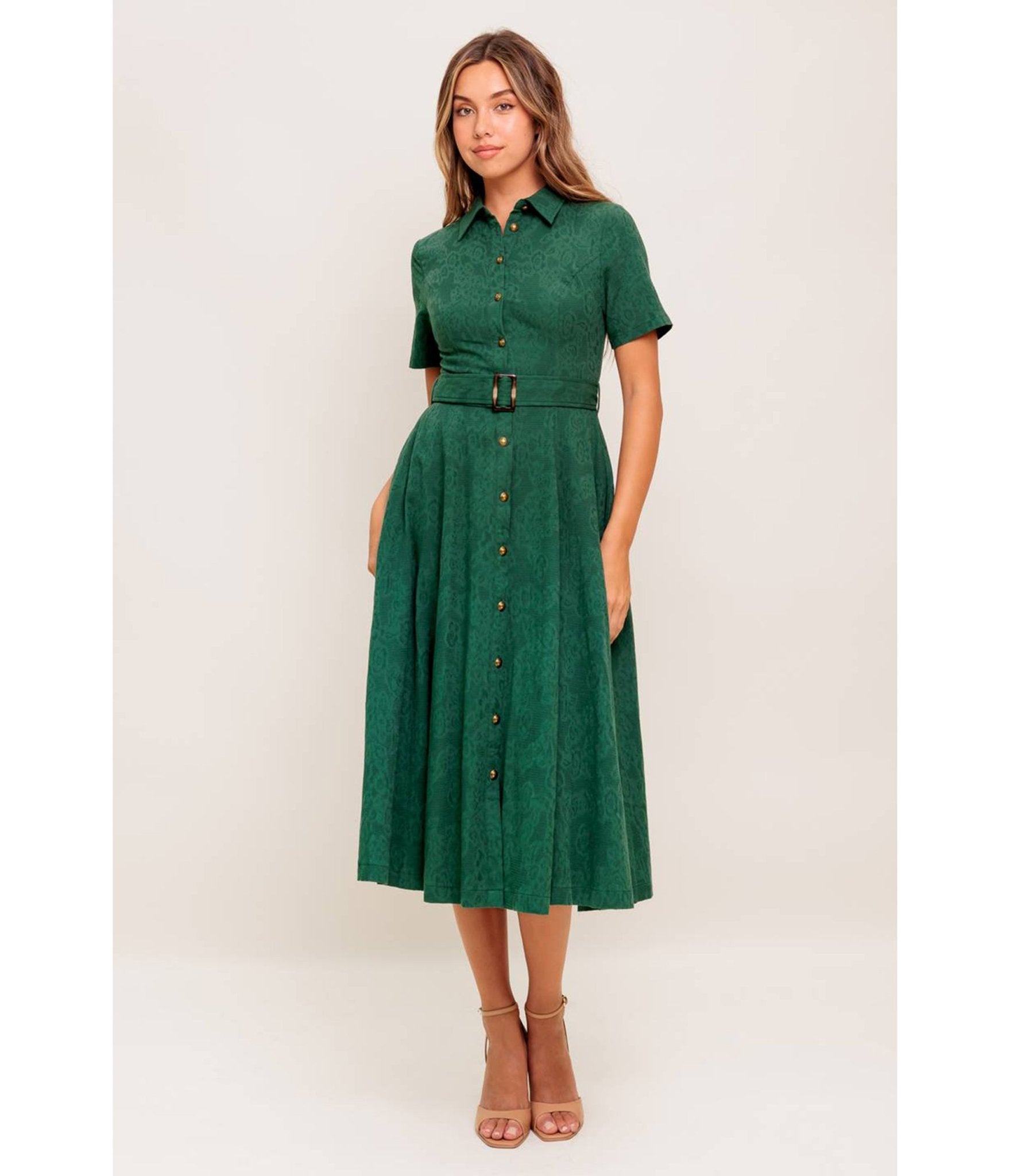 Green Jacquard Cotton Midi Dress - Unique Vintage - Womens, DRESSES, MIDI