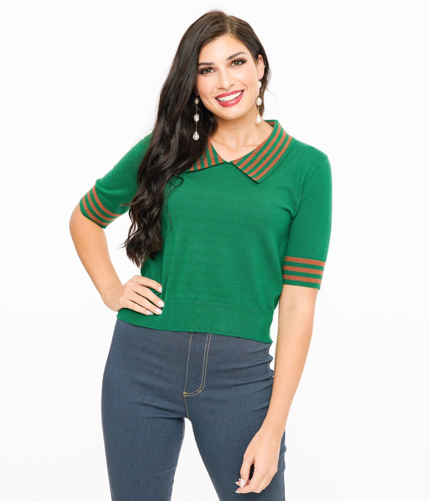 Green & Orange Striped Collar Knit Sweater - Unique Vintage - Womens, TOPS, SWEATERS AND VESTS