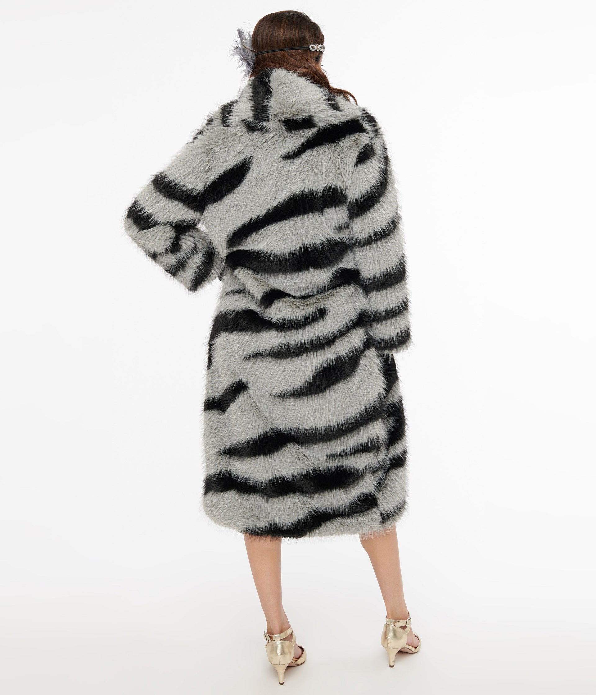Grey & Black Zebra Long Faux Fur Coat - Unique Vintage - Womens, TOPS, OUTERWEAR