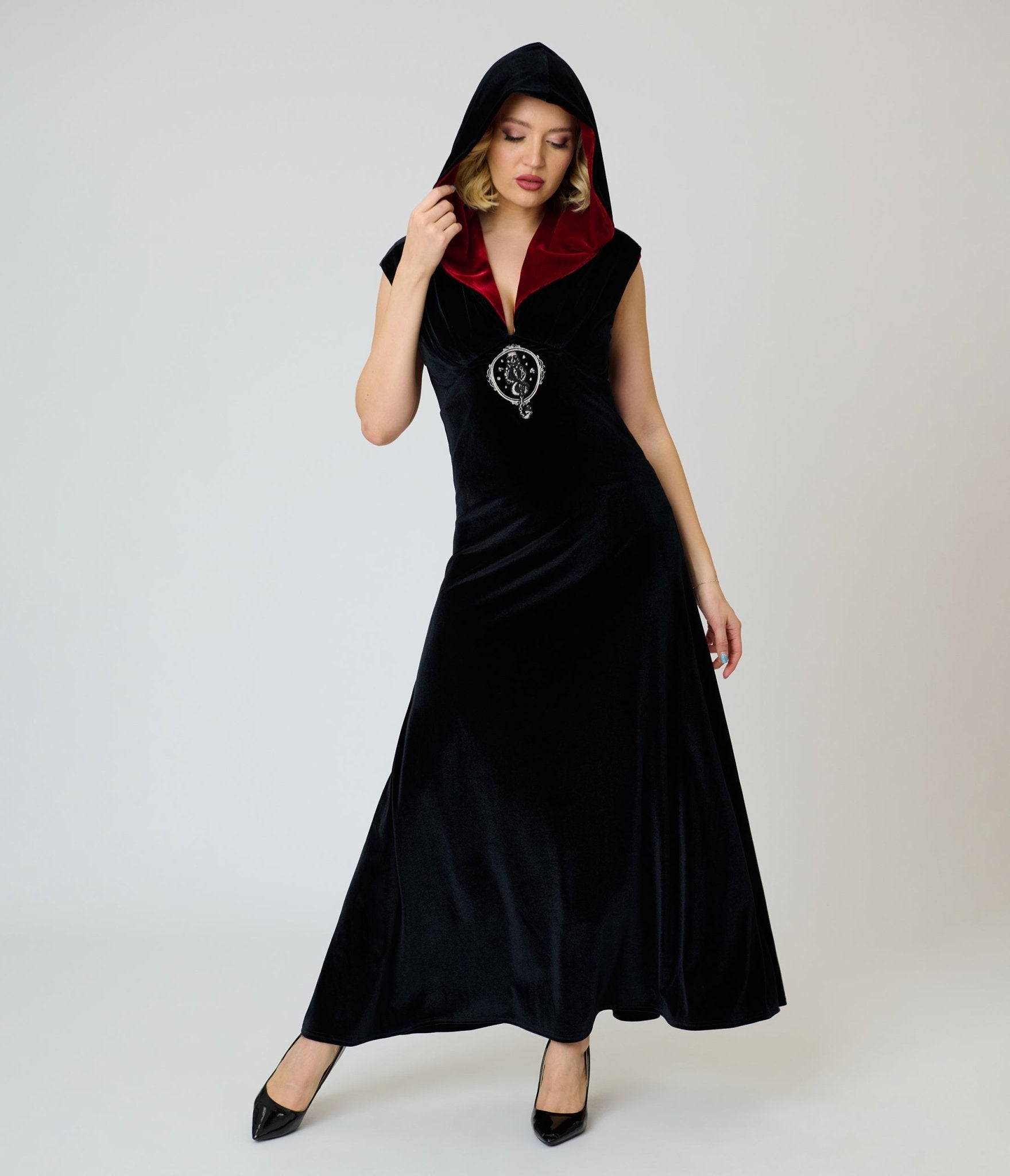 Harry Potter x Unique Vintage Black Dark Mark Velvet Hooded Maxi Dress