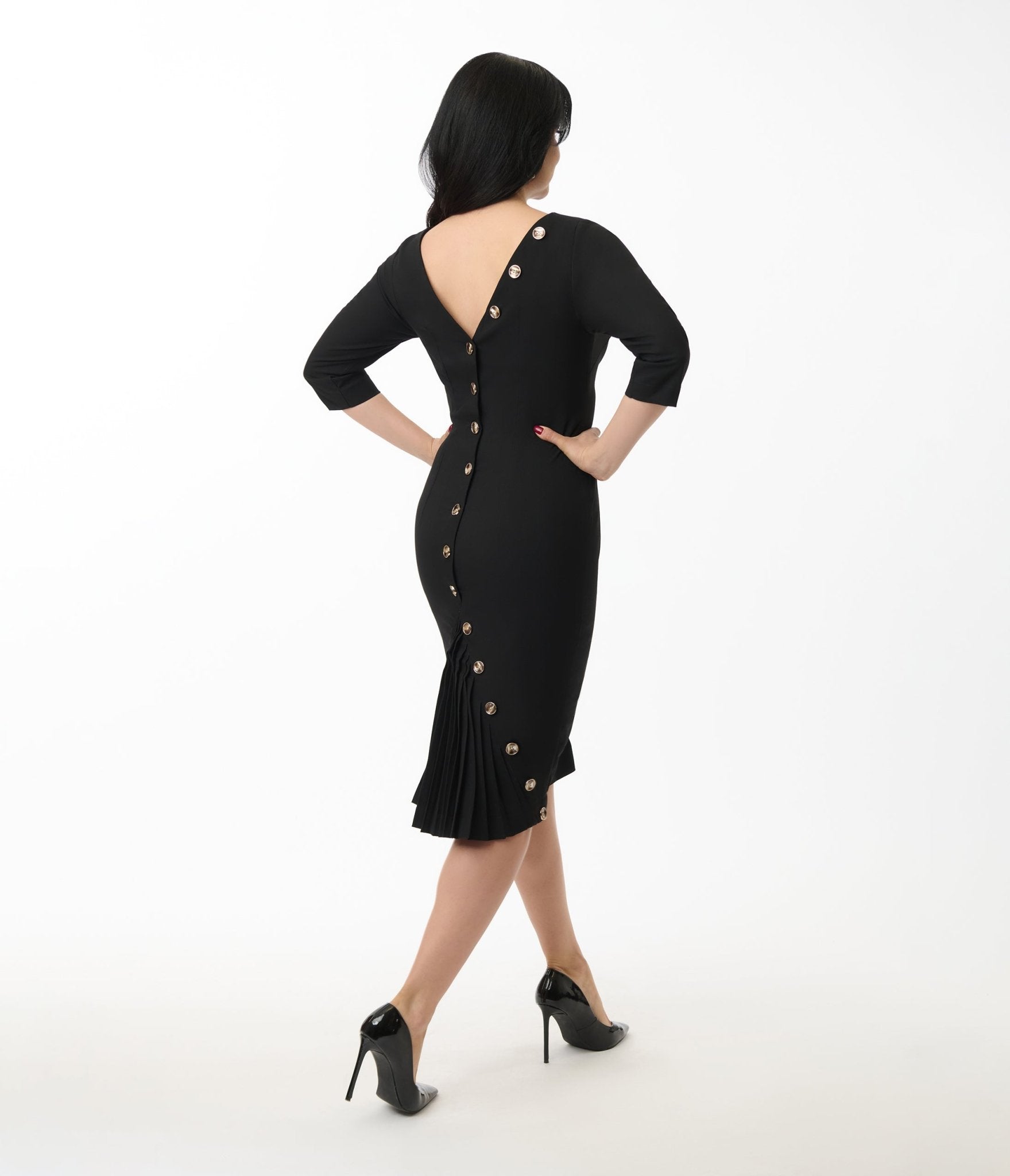 Heart My Closet Black Pleated Back Deborah Pencil Dress - Unique Vintage - Womens, DRESSES, WIGGLE