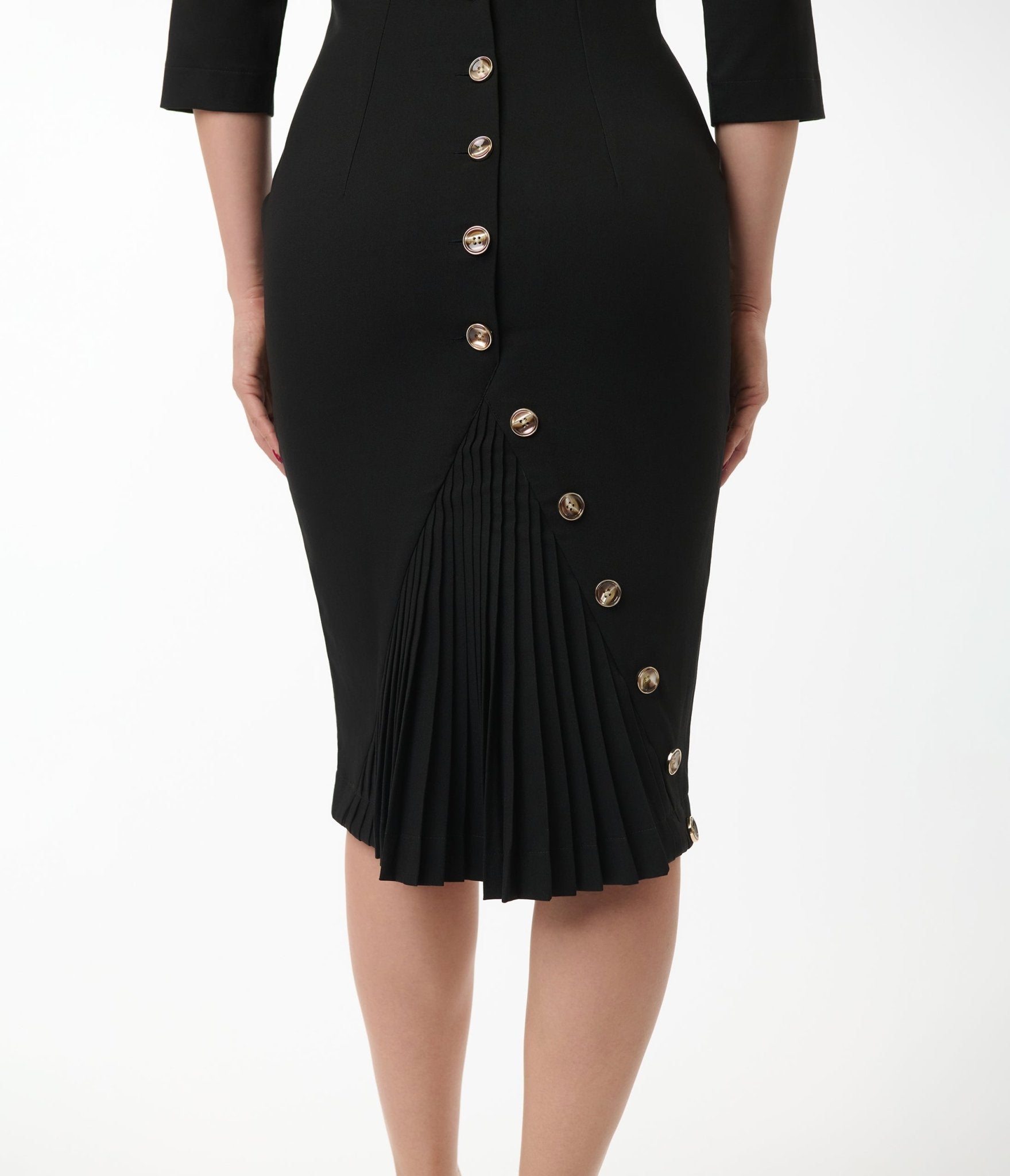 Heart My Closet Black Pleated Back Deborah Pencil Dress - Unique Vintage - Womens, DRESSES, WIGGLE