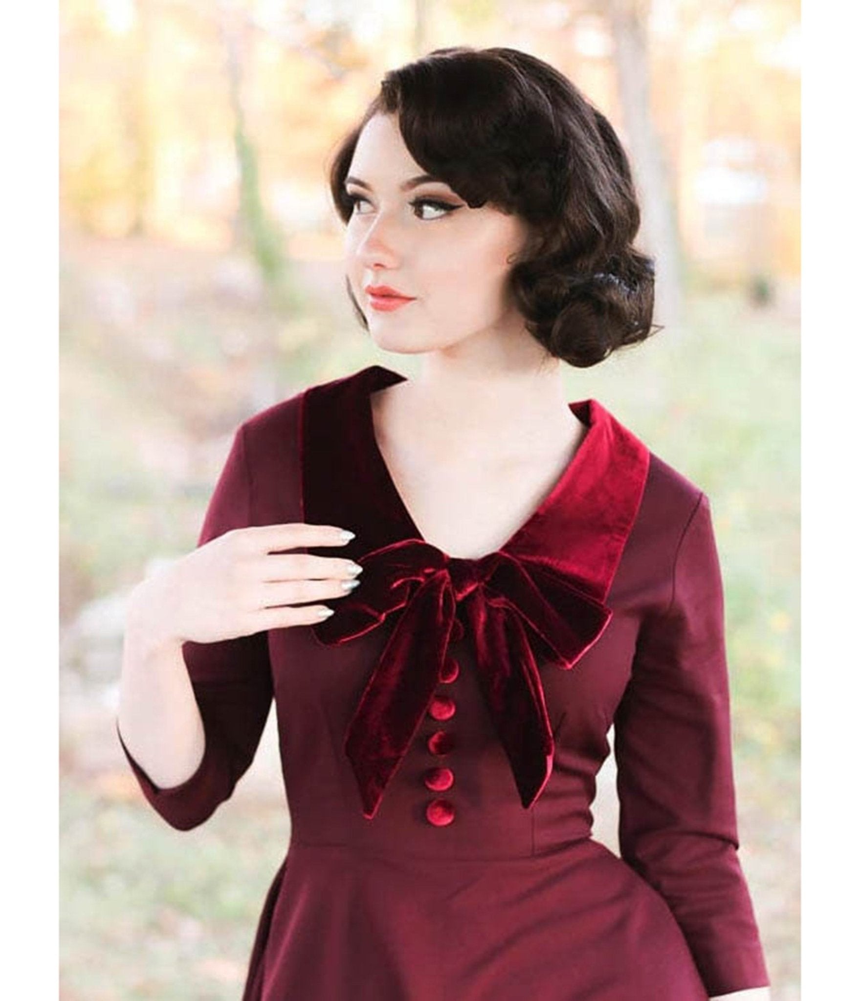 Heart My Closet Burgundy Velvet Trim Swing Dress - Unique Vintage - Womens, DRESSES, FIT AND FLARE