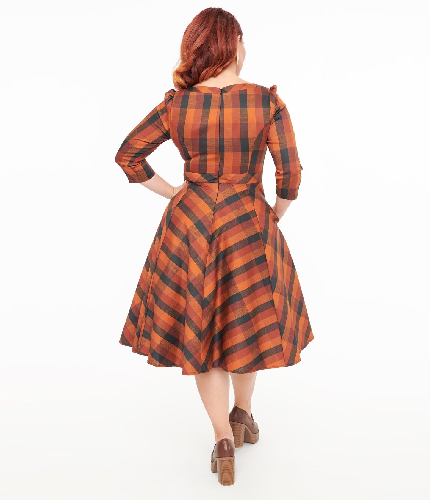 Hearts & Roses Brown & Orange Check Caitlin Swing Dress - Unique Vintage - Womens, DRESSES, SWING