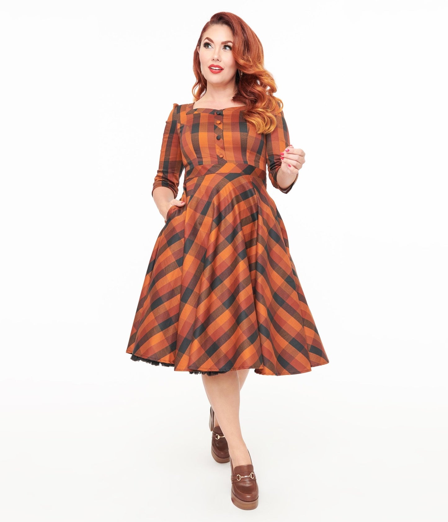 Hearts & Roses Brown & Orange Check Caitlin Swing Dress - Unique Vintage - Womens, DRESSES, SWING