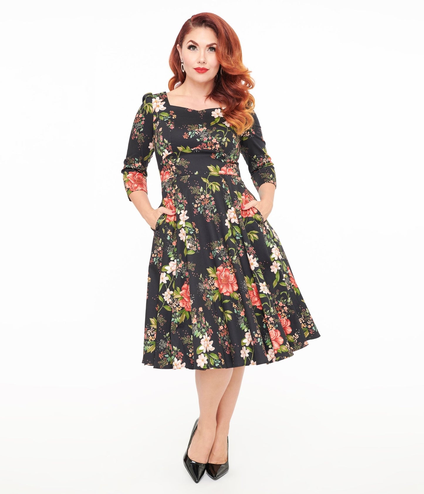 Hearts & Roses Winter Floral Isla Swing Dress - Unique Vintage - Womens, DRESSES, SWING