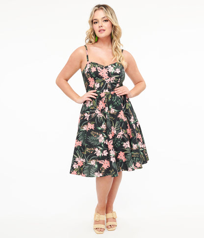 Hell Bunny 1950s Black & Pink Tropical Floral Print Cotton Calypso Swing Dress - Unique Vintage - Womens, DRESSES, SWING