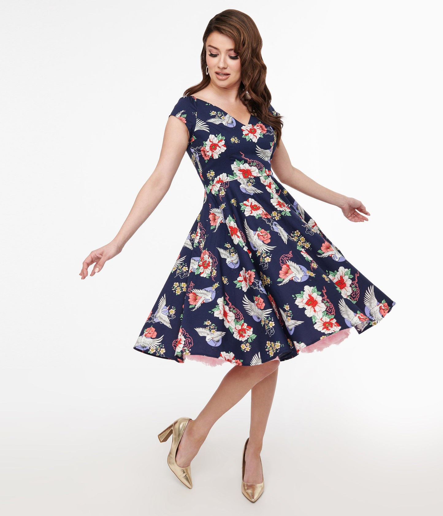 Hell Bunny 1950s Navy Floral & Cranes Cotton Swing Dress - Unique Vintage - Womens, DRESSES, SWING