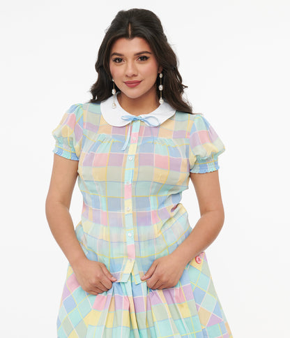 Hell Bunny 1950s Pastel Check Collared Skye Blouse - Unique Vintage - Womens, TOPS, WOVEN TOPS