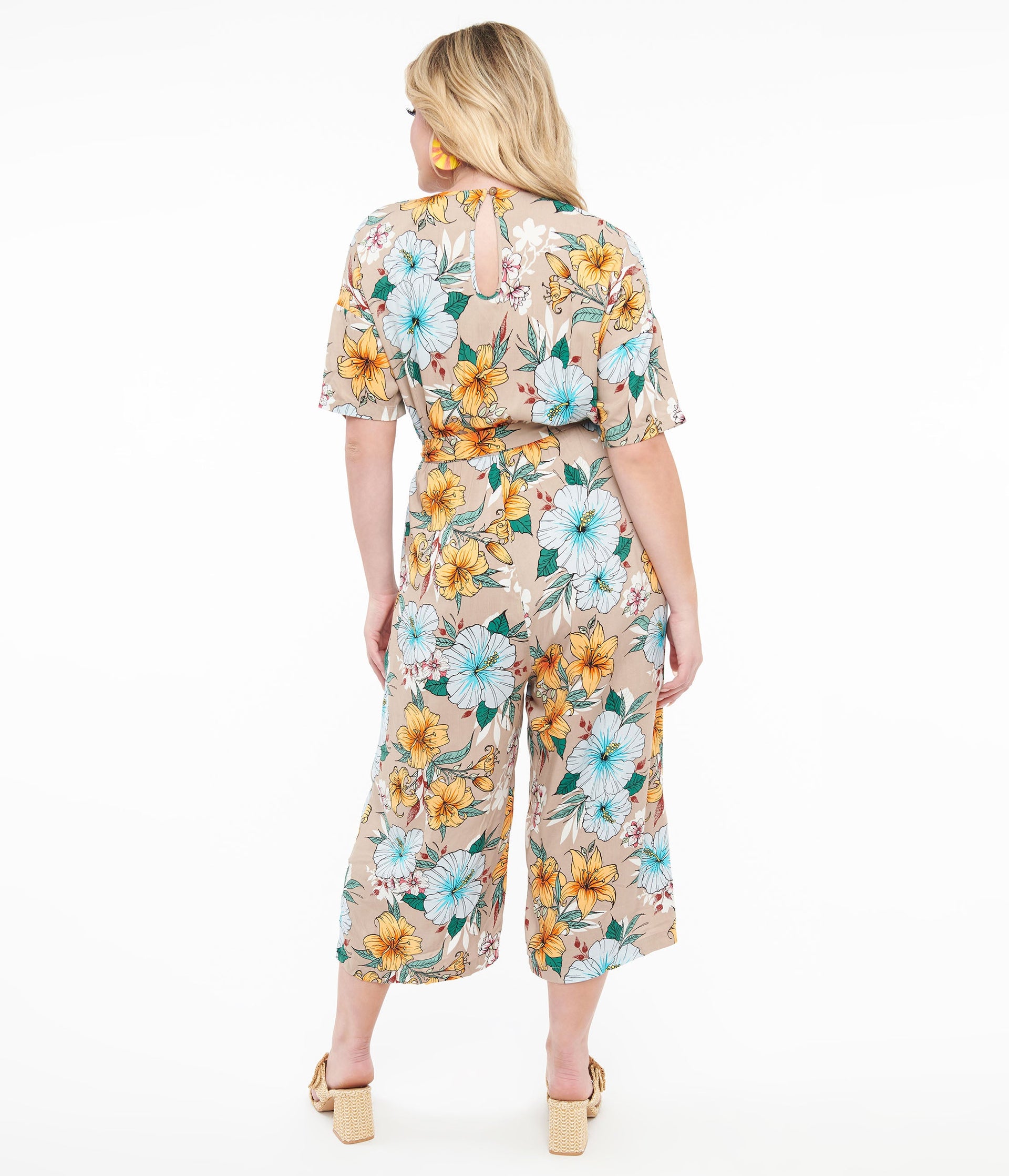 Hell Bunny 1970s Tan & Tropical Floral Print Jumpsuit - Unique Vintage - Womens, BOTTOMS, ROMPERS AND JUMPSUITS