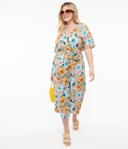 Hell Bunny 1970s Tan & Tropical Floral Print Jumpsuit - Unique Vintage - Womens, BOTTOMS, ROMPERS AND JUMPSUITS