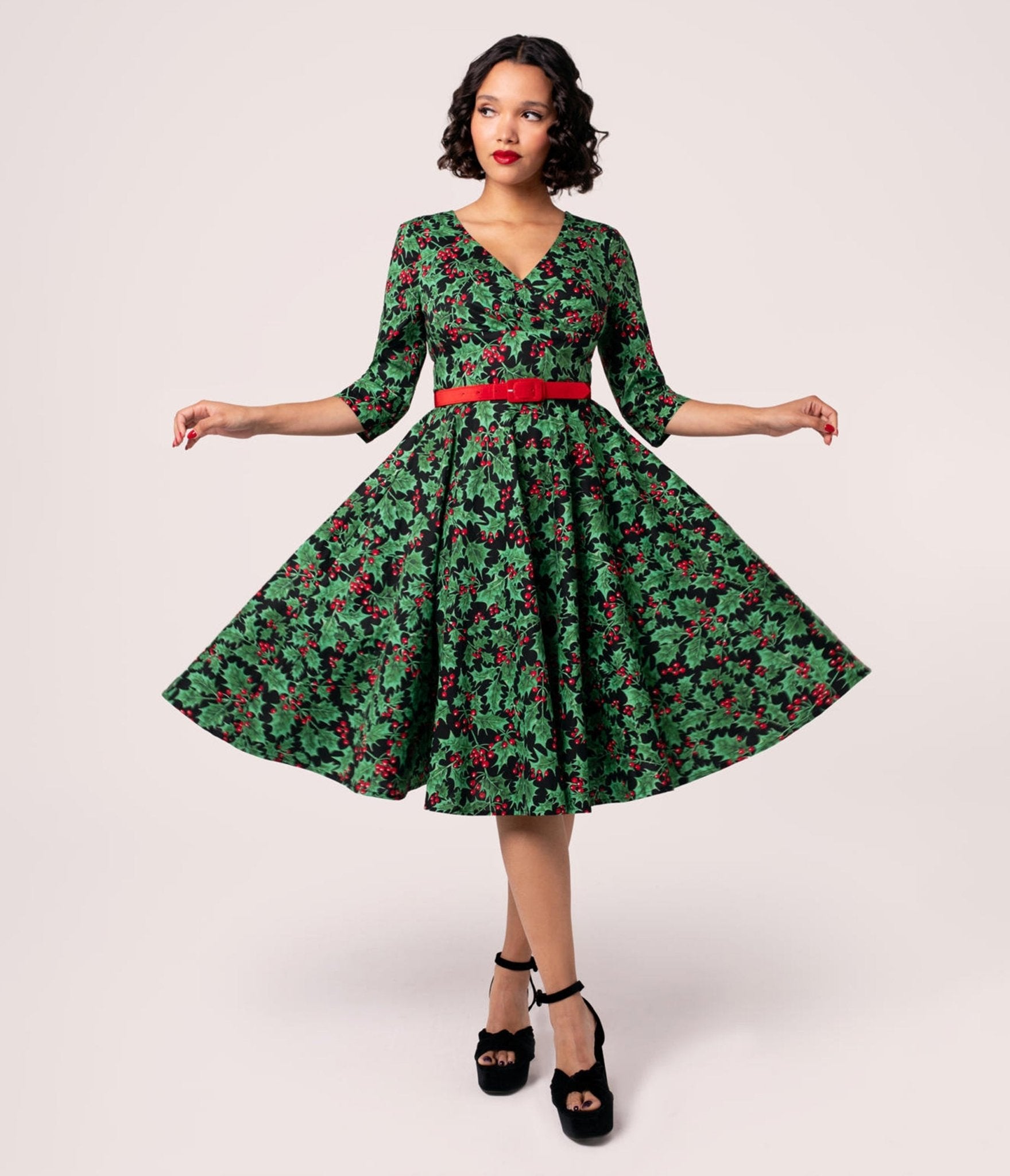 Hell Bunny Black & Green Holiday Swing Dress Hell Bunny Black & Green Holiday Swing Dress