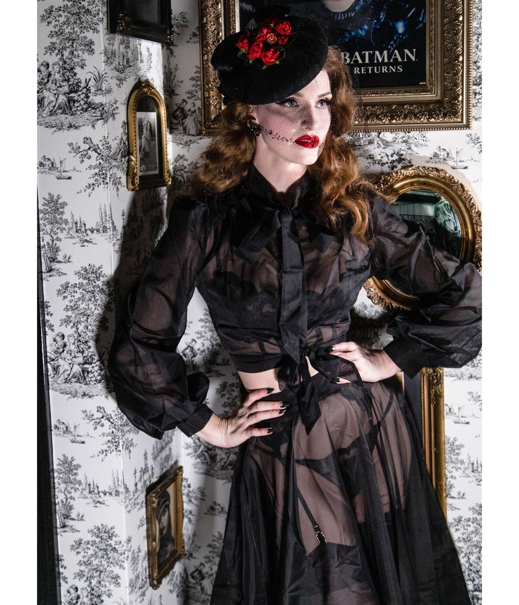 Hell Bunny Black Sheer Gibson Girl Bow Blouse – Unique Vintage