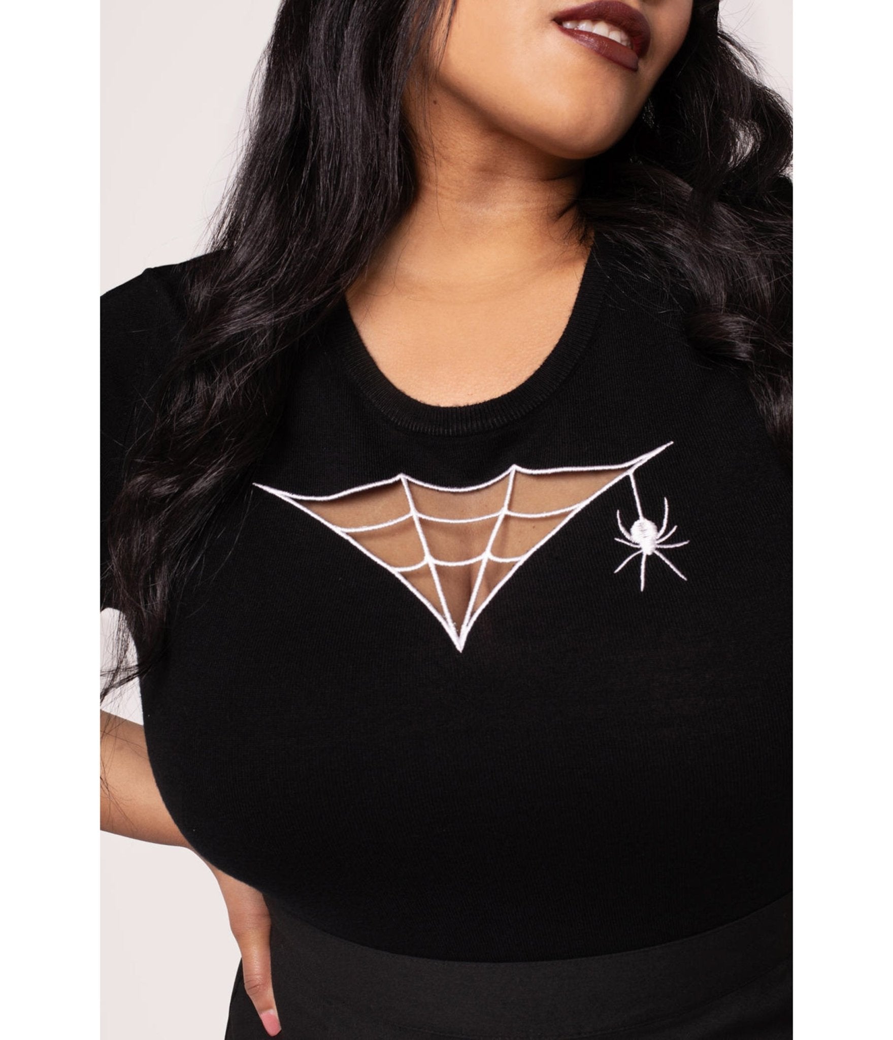 Hell Bunny Black & White Cobweb Cutout Top - Unique Vintage - Womens, TOPS, WOVEN TOPS