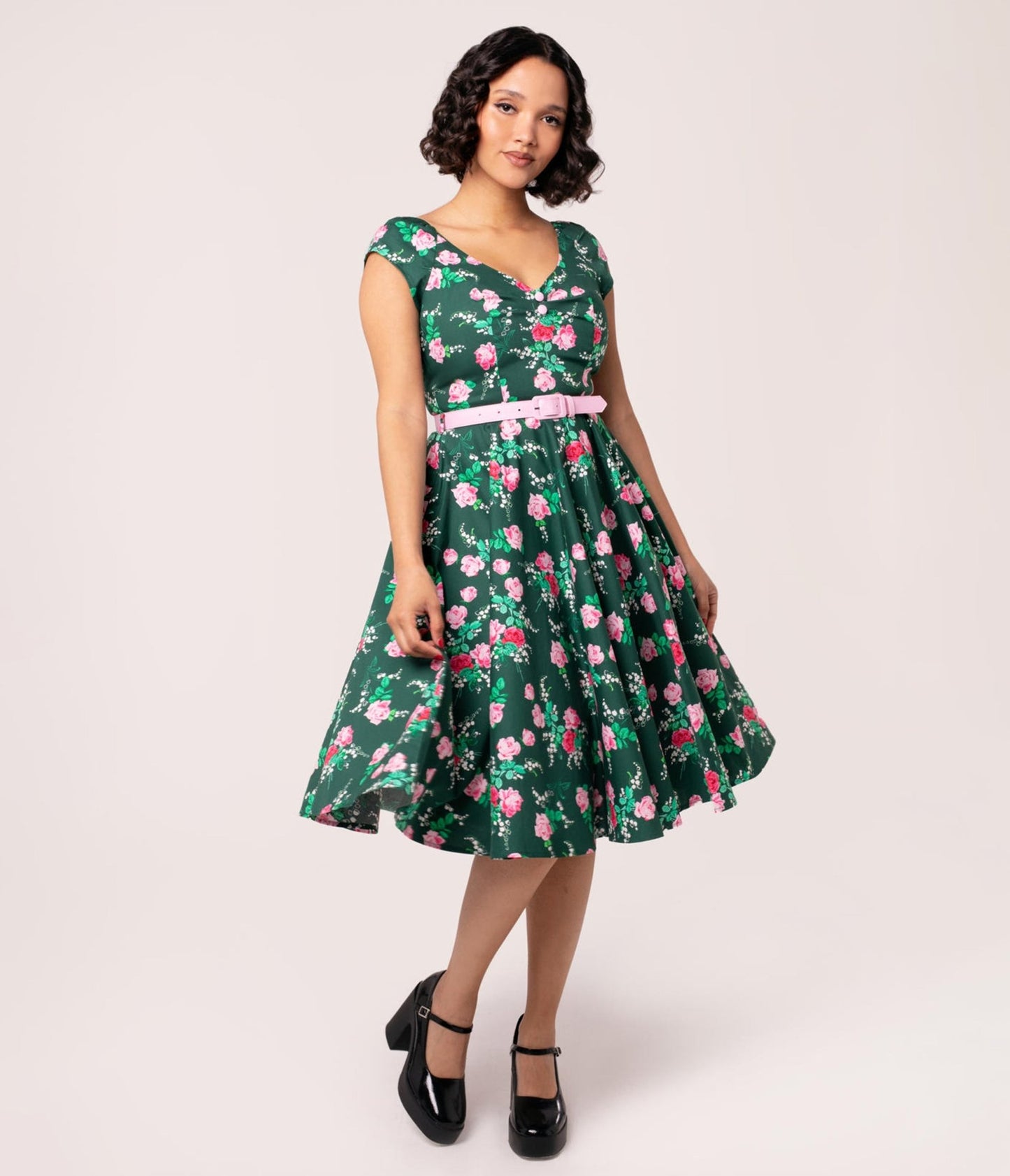 Hell Bunny Emerald & Pink Floral Swing Dress - Unique Vintage - Womens, DRESSES, FIT AND FLARE