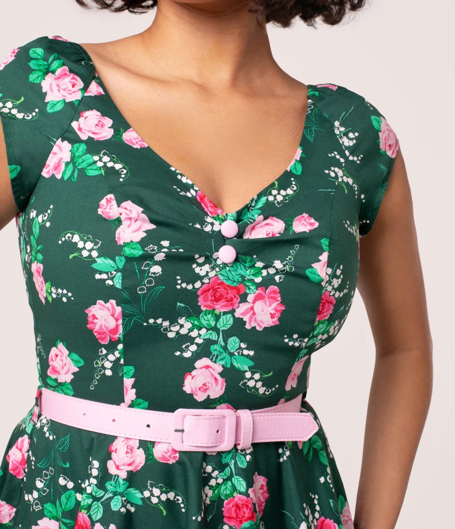 Hell Bunny Emerald & Pink Floral Swing Dress - Unique Vintage - Womens, DRESSES, FIT AND FLARE