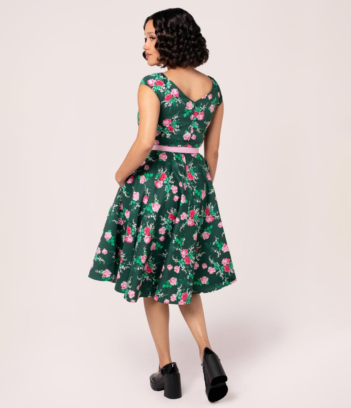 Hell Bunny Emerald & Pink Floral Swing Dress - Unique Vintage - Womens, DRESSES, FIT AND FLARE