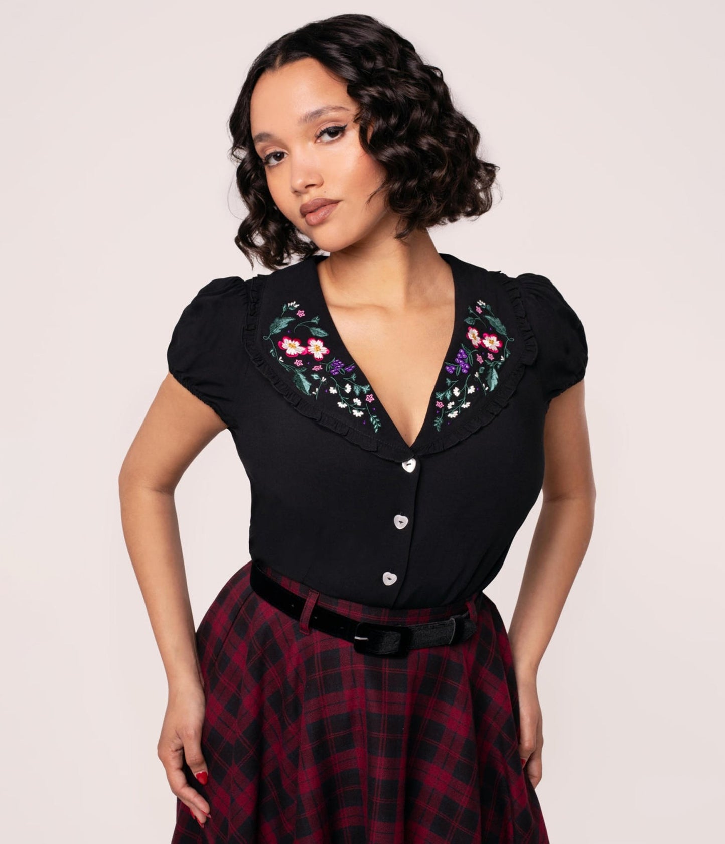 Hell Bunny Floral Embroidered Collared Blouse - Unique Vintage - Womens, TOPS, WOVEN TOPS