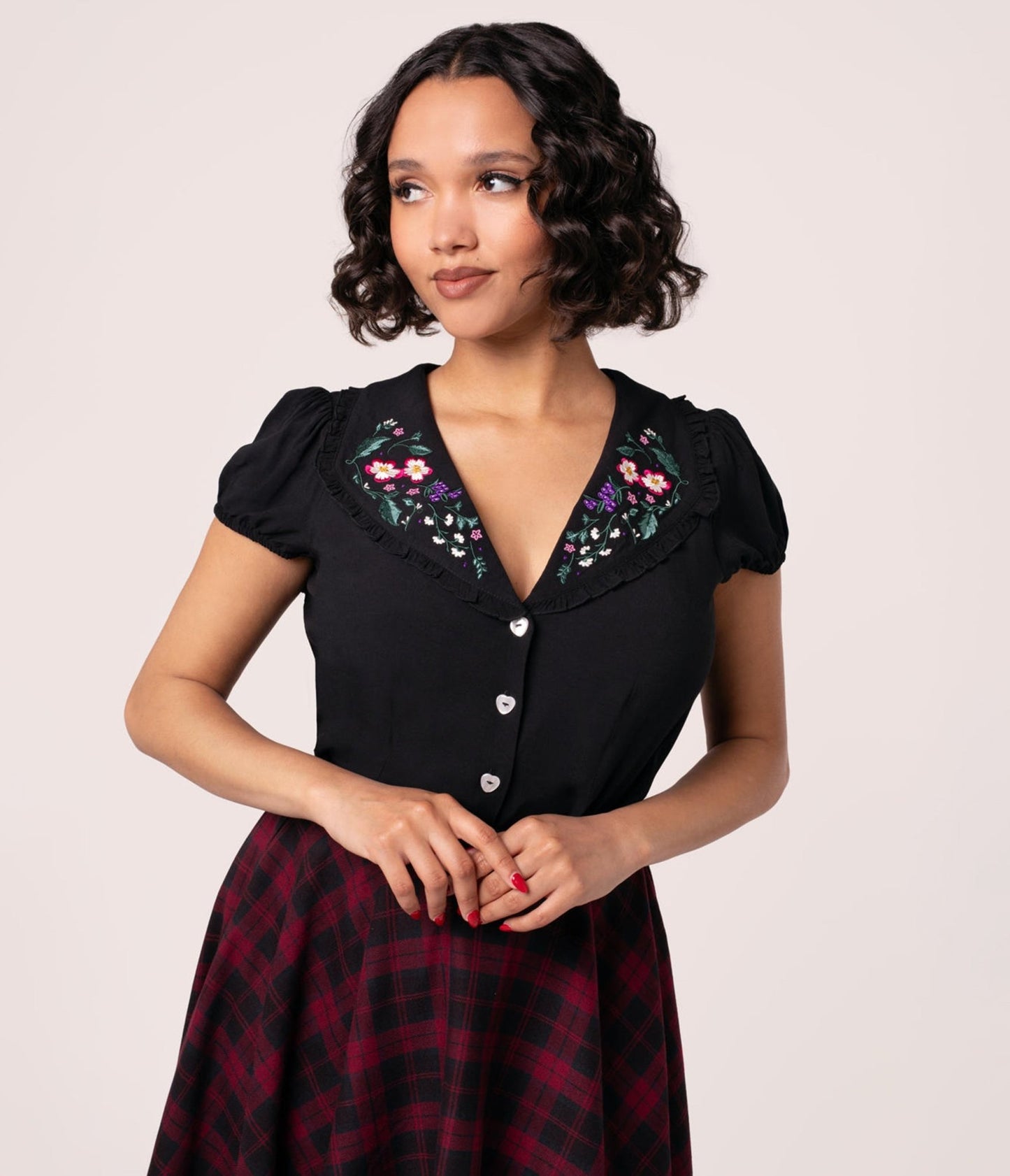 Hell Bunny Floral Embroidered Collared Blouse - Unique Vintage - Womens, TOPS, WOVEN TOPS