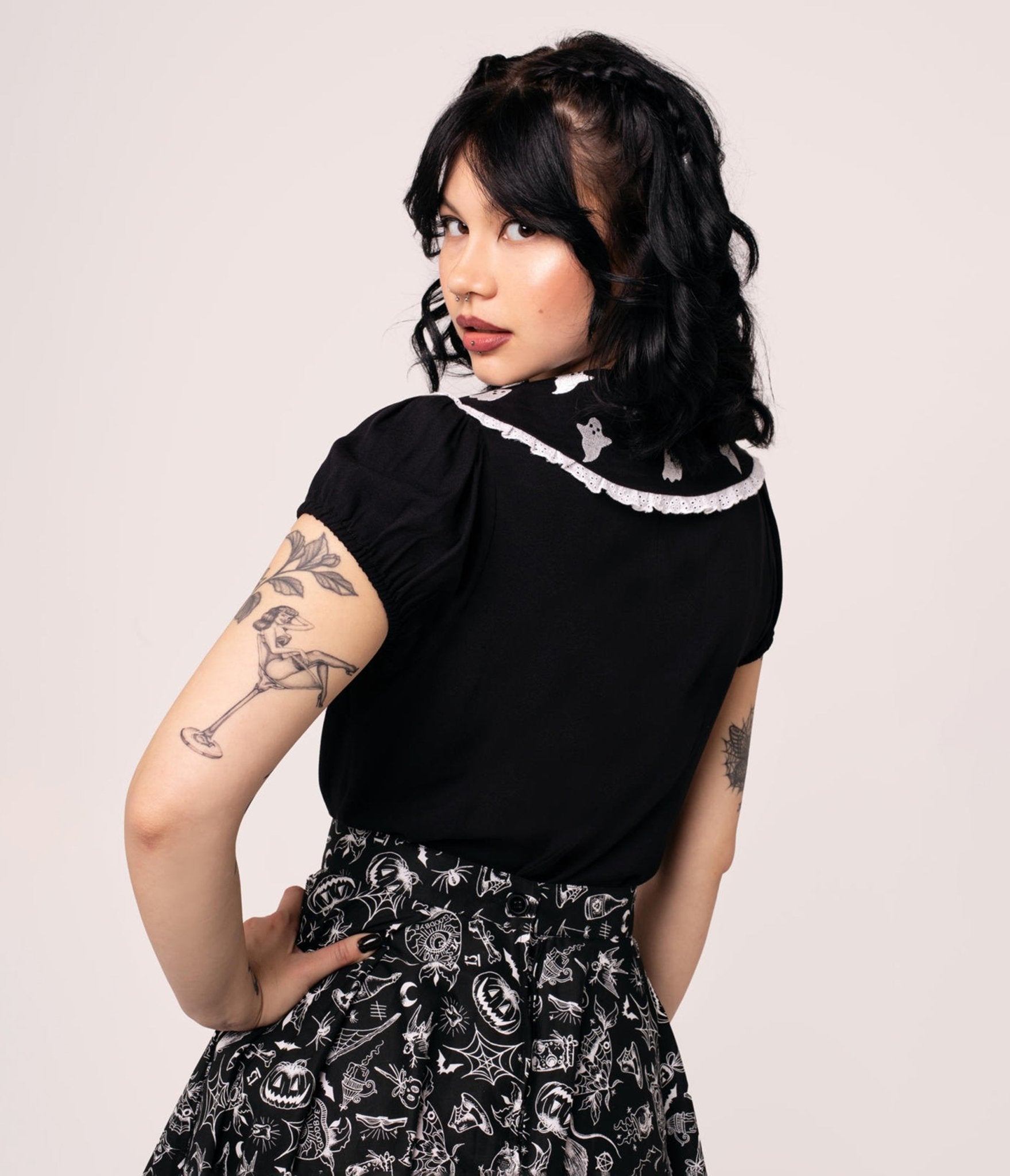 Hell Bunny Ghost Embroidered Collared Blouse - Unique Vintage - Womens, TOPS, WOVEN TOPS